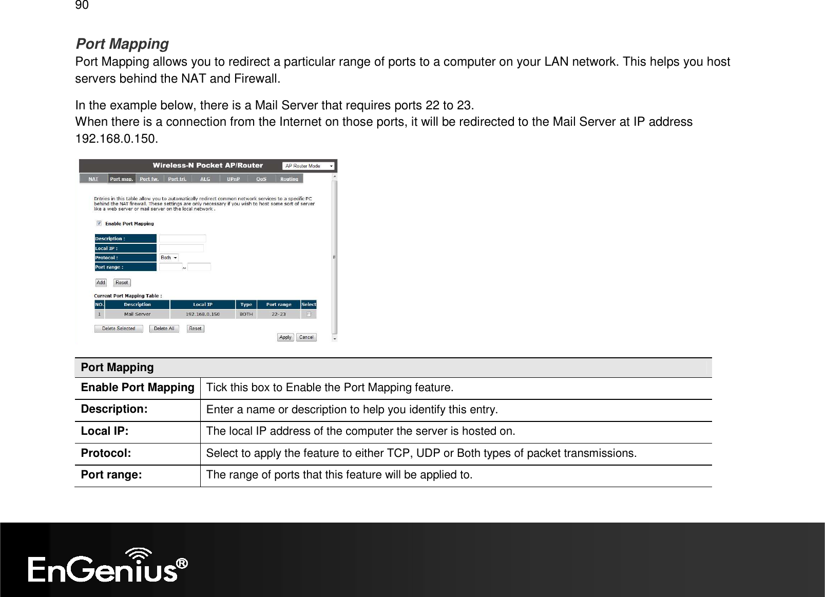   90 Port Mapping Port Mapping allows you to redirect a particular range of ports to a computer on your LAN network. This helps you host servers behind the NAT and Firewall. In the example below, there is a Mail Server that requires ports 22 to 23. When there is a connection from the Internet on those ports, it will be redirected to the Mail Server at IP address 192.168.0.150.  Port Mapping Enable Port Mapping Tick this box to Enable the Port Mapping feature. Description:  Enter a name or description to help you identify this entry. Local IP:  The local IP address of the computer the server is hosted on. Protocol:  Select to apply the feature to either TCP, UDP or Both types of packet transmissions. Port range:  The range of ports that this feature will be applied to. 