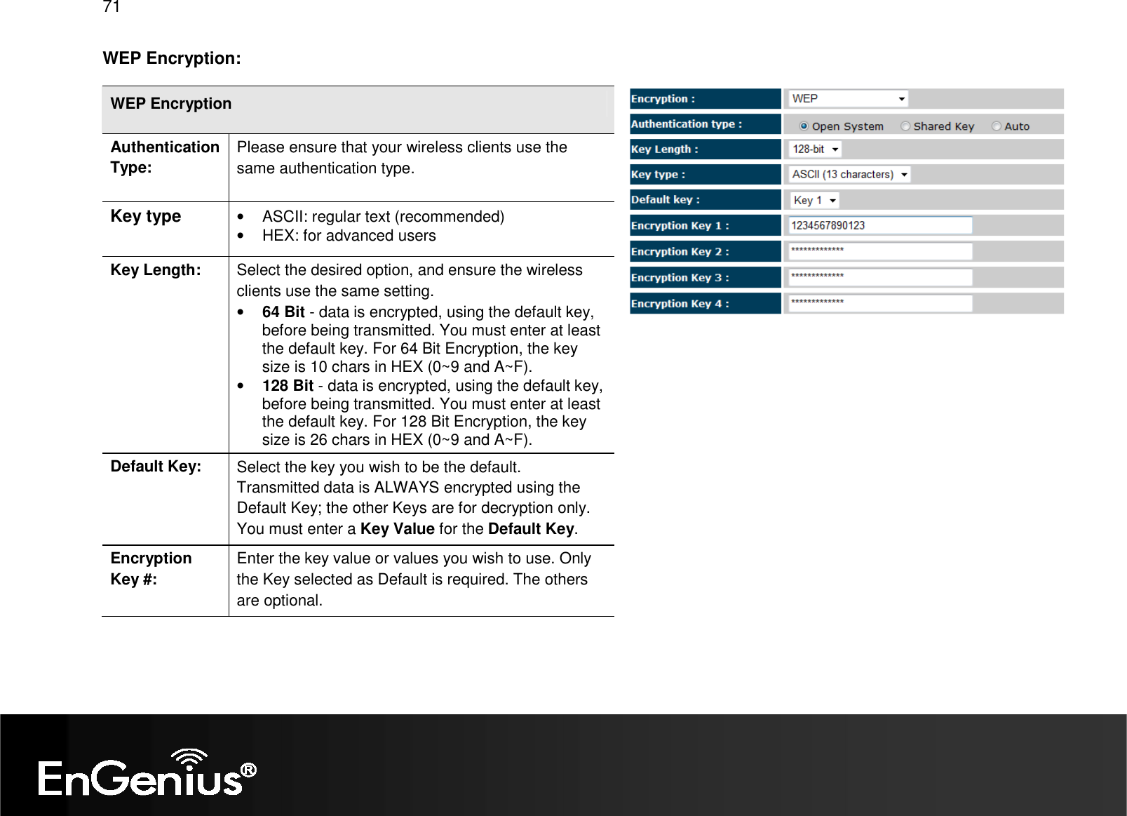   71 WEP Encryption:  WEP Encryption Authentication Type: Please ensure that your wireless clients use the same authentication type. Key type  •  ASCII: regular text (recommended) •  HEX: for advanced users Key Length: Select the desired option, and ensure the wireless clients use the same setting. • 64 Bit - data is encrypted, using the default key, before being transmitted. You must enter at least the default key. For 64 Bit Encryption, the key size is 10 chars in HEX (0~9 and A~F). • 128 Bit - data is encrypted, using the default key, before being transmitted. You must enter at least the default key. For 128 Bit Encryption, the key size is 26 chars in HEX (0~9 and A~F). Default Key: Select the key you wish to be the default. Transmitted data is ALWAYS encrypted using the Default Key; the other Keys are for decryption only.  You must enter a Key Value for the Default Key. Encryption Key #: Enter the key value or values you wish to use. Only the Key selected as Default is required. The others are optional.   