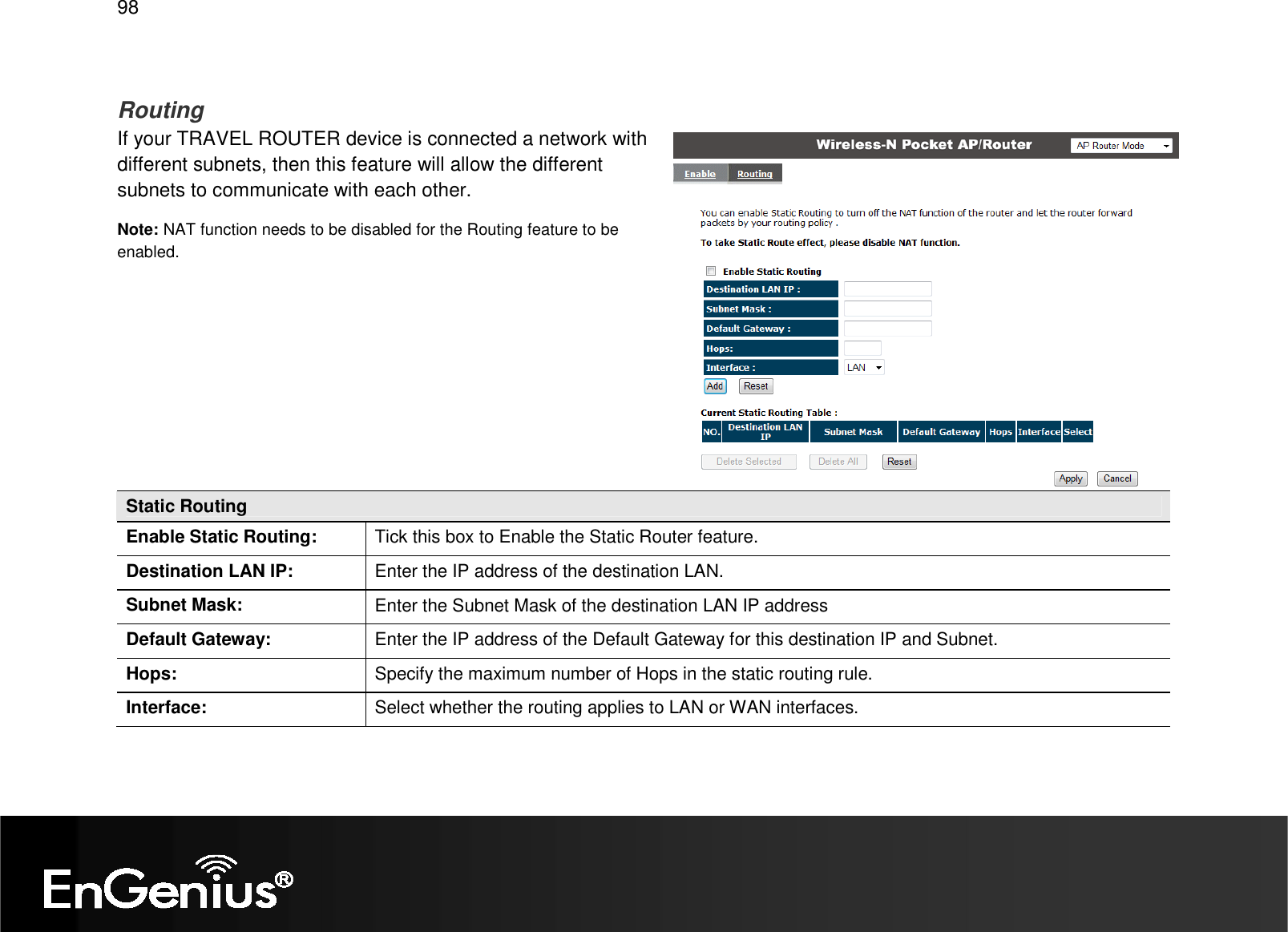   98  Routing If your TRAVEL ROUTER device is connected a network with different subnets, then this feature will allow the different subnets to communicate with each other. Note: NAT function needs to be disabled for the Routing feature to be enabled.     Static Routing Enable Static Routing:  Tick this box to Enable the Static Router feature. Destination LAN IP:  Enter the IP address of the destination LAN. Subnet Mask:  Enter the Subnet Mask of the destination LAN IP address Default Gateway:  Enter the IP address of the Default Gateway for this destination IP and Subnet. Hops:  Specify the maximum number of Hops in the static routing rule. Interface:  Select whether the routing applies to LAN or WAN interfaces.  