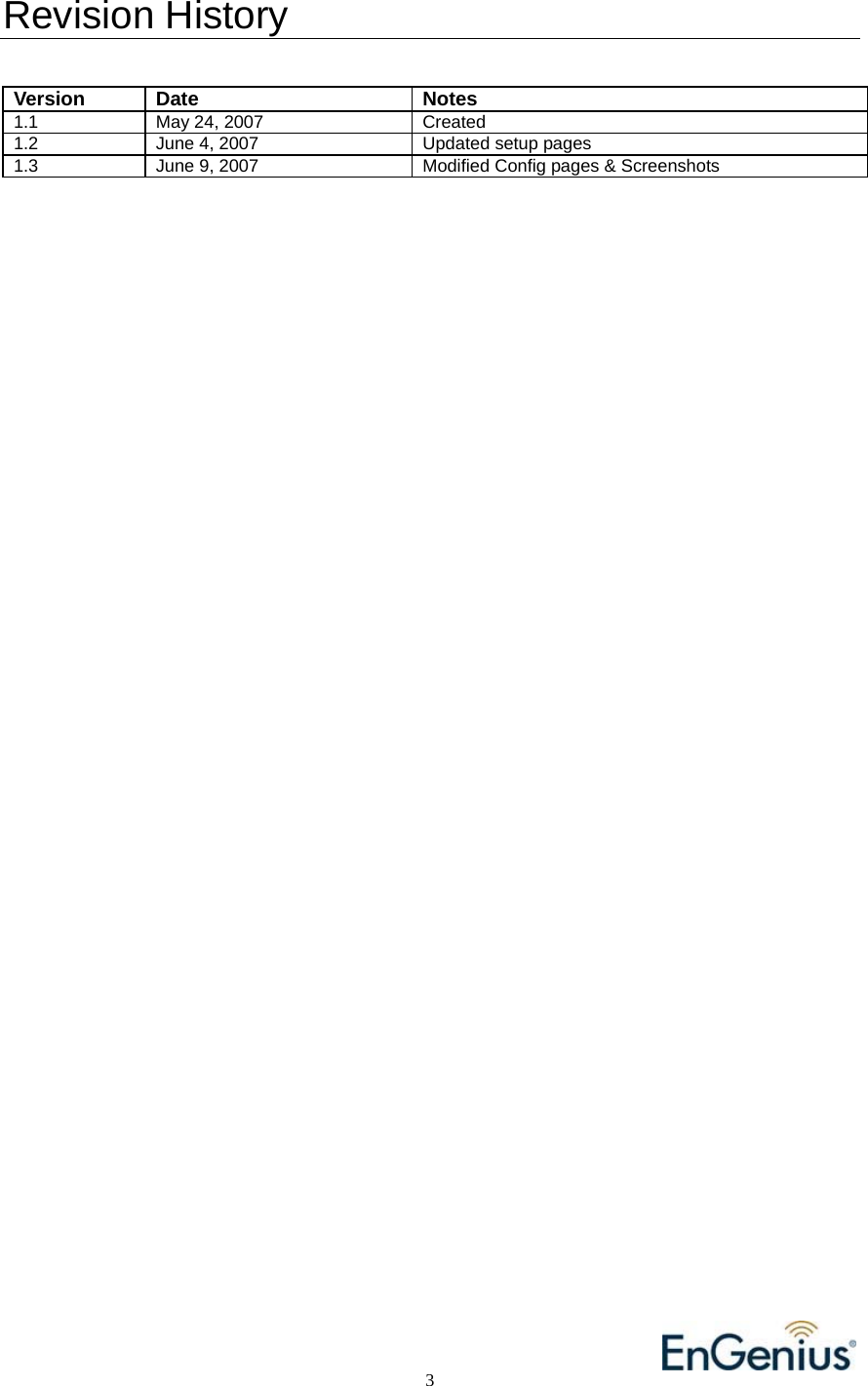                                                                                          3                                                                            Revision History  Version Date  Notes 1.1 May 24, 2007  Created 1.2  June 4, 2007  Updated setup pages 1.3  June 9, 2007  Modified Config pages &amp; Screenshots  