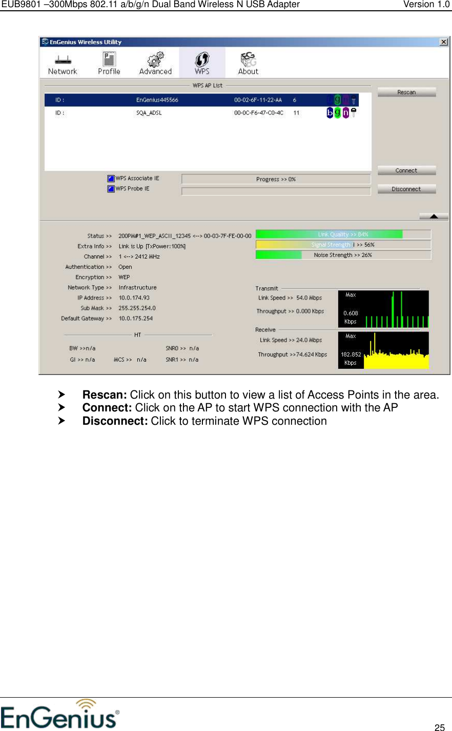 EUB9801 –300Mbps 802.11 a/b/g/n Dual Band Wireless N USB Adapter  Version 1.0                                                                                                                          25     Rescan: Click on this button to view a list of Access Points in the area.  Connect: Click on the AP to start WPS connection with the AP  Disconnect: Click to terminate WPS connection   