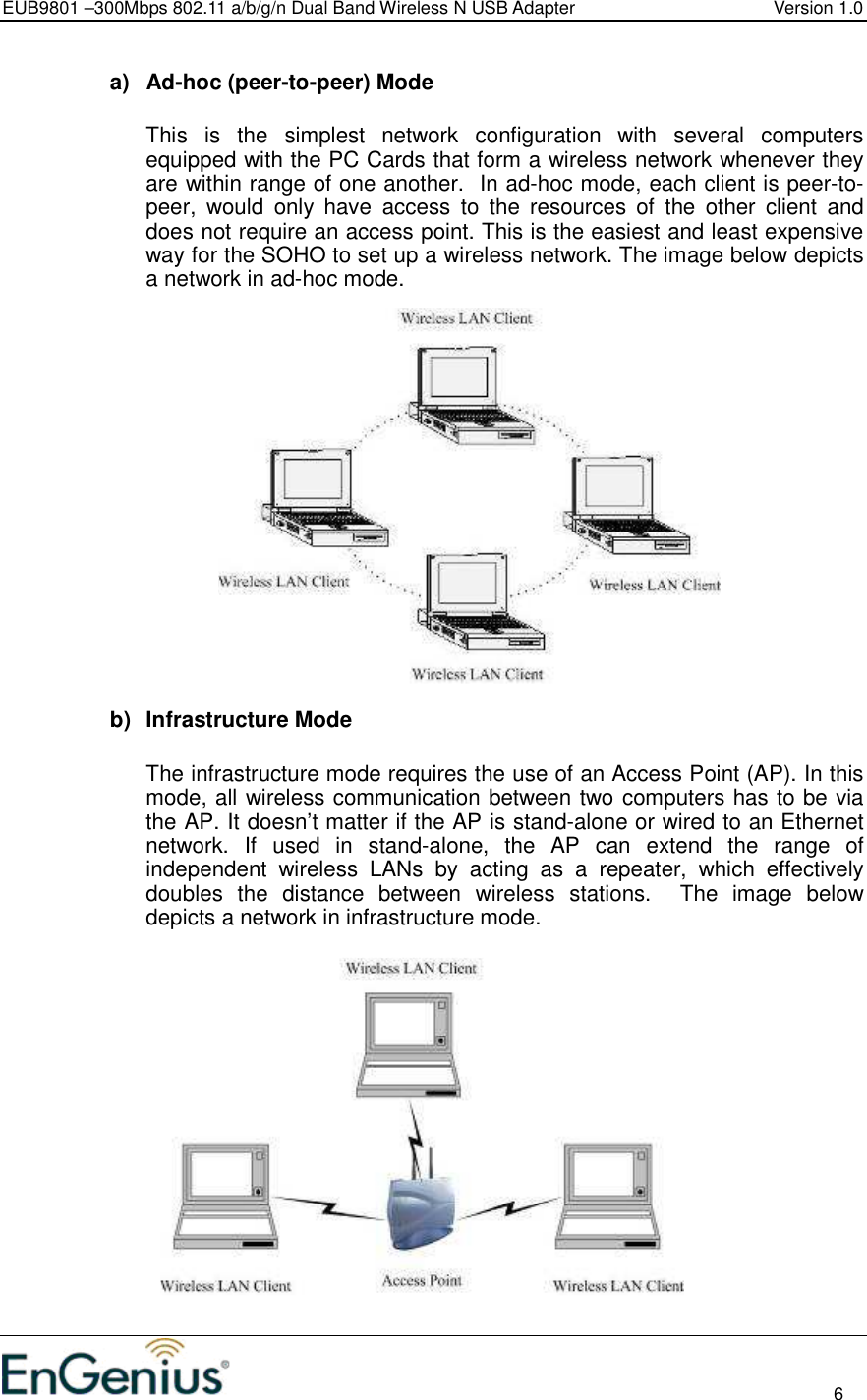 EUB9801 –300Mbps 802.11 a/b/g/n Dual Band Wireless N USB Adapter  Version 1.0                                                                                                                          6  a)  Ad-hoc (peer-to-peer) Mode  This  is  the  simplest  network  configuration  with  several  computers equipped with the PC Cards that form a wireless network whenever they are within range of one another.  In ad-hoc mode, each client is peer-to-peer,  would  only  have  access  to  the  resources  of  the  other  client  and does not require an access point. This is the easiest and least expensive way for the SOHO to set up a wireless network. The image below depicts a network in ad-hoc mode.                 b)  Infrastructure Mode  The infrastructure mode requires the use of an Access Point (AP). In this mode, all wireless communication between two computers has to be via the AP. It doesn’t matter if the AP is stand-alone or wired to an Ethernet network.  If  used  in  stand-alone,  the  AP  can  extend  the  range  of independent  wireless  LANs  by  acting  as  a  repeater,  which  effectively doubles  the  distance  between  wireless  stations.    The  image  below depicts a network in infrastructure mode.                  