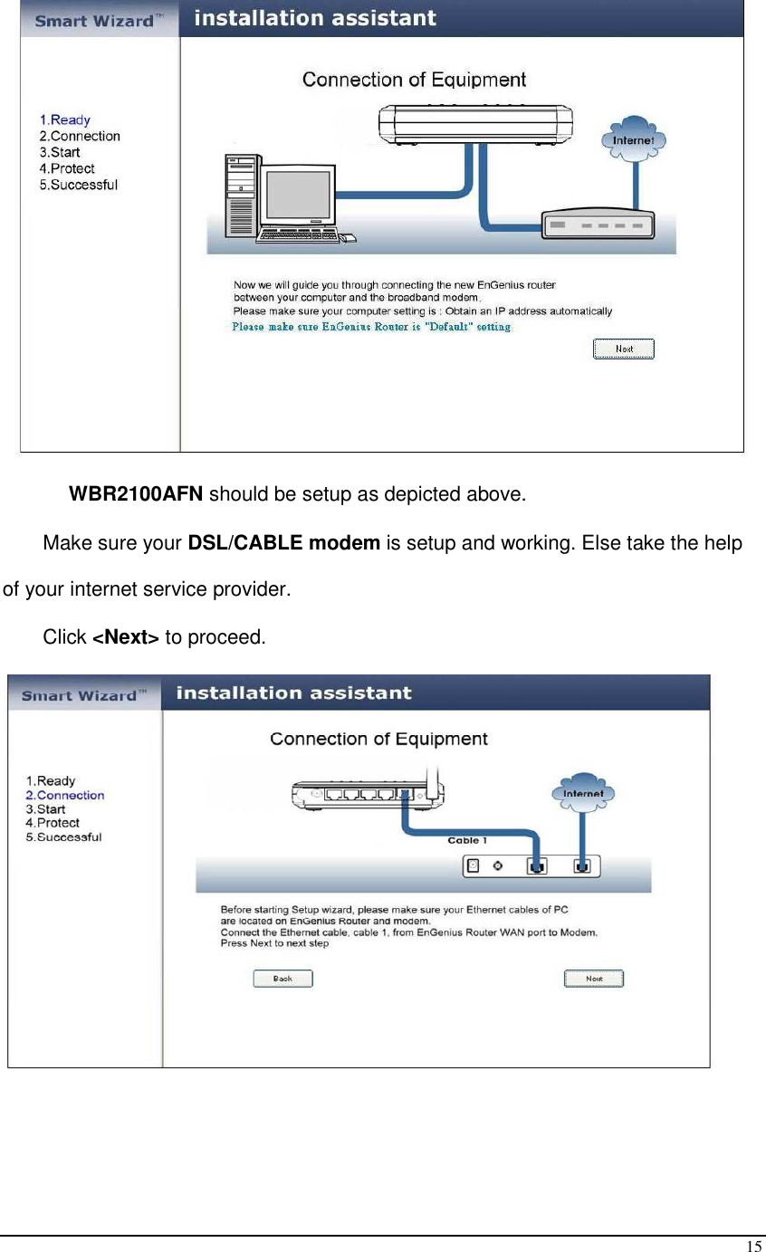  15  WBR2100AFN should be setup as depicted above.  Make sure your DSL/CABLE modem is setup and working. Else take the help of your internet service provider. Click &lt;Next&gt; to proceed.  