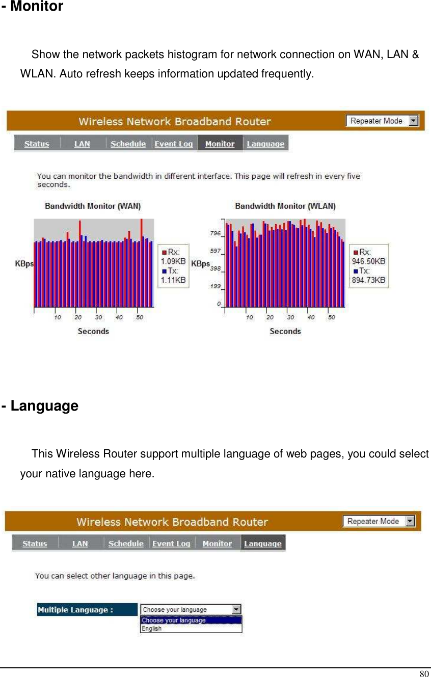  80  - Monitor    Show the network packets histogram for network connection on WAN, LAN &amp; WLAN. Auto refresh keeps information updated frequently.     - Language  This Wireless Router support multiple language of web pages, you could select your native language here.   