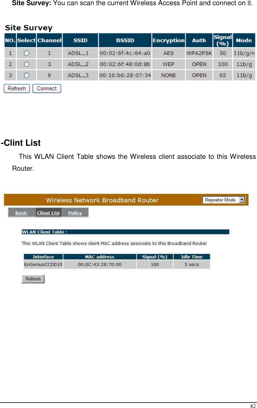  82  Site Survey: You can scan the current Wireless Access Point and connect on it.      -Clint List This WLAN Client Table shows the Wireless client associate to this Wireless Router.         