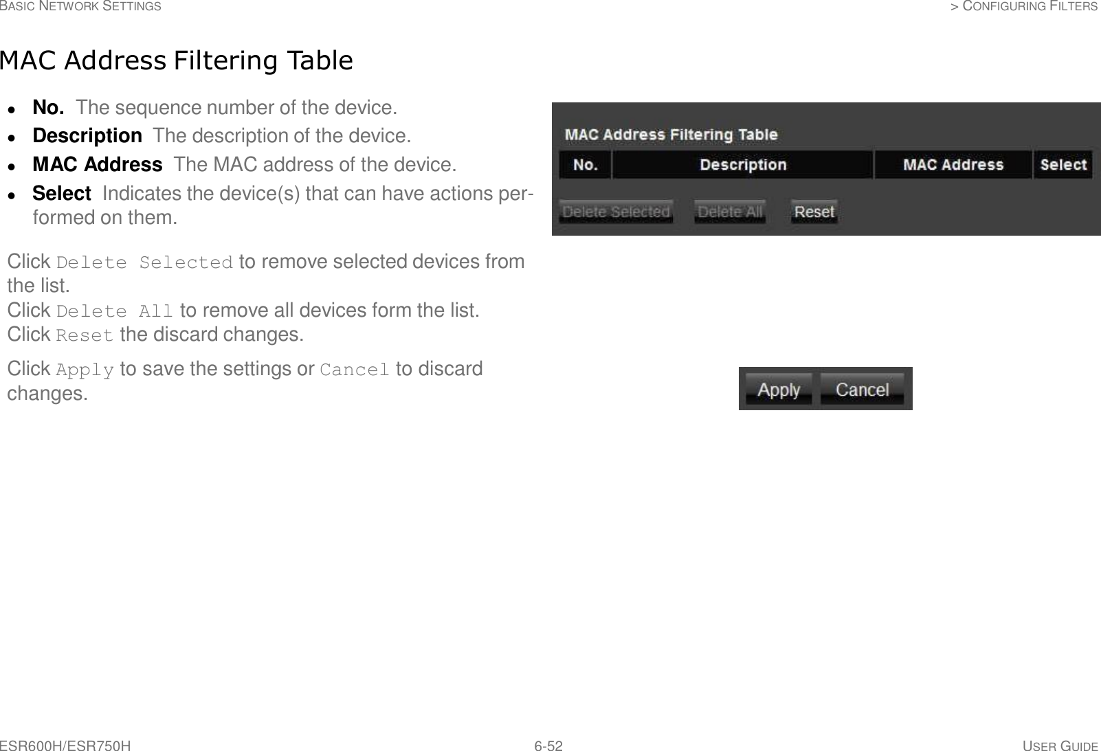 ESR600H/ESR750H 6-52 USER GUIDE BASIC NETWORK SETTINGS &gt; CONFIGURING FILTERS     MAC Address Filtering Table   No.  The sequence number of the device.  Description  The description of the device.  MAC Address The MAC address of the device.  Select Indicates the device(s) that can have actions per- formed on them.  Click Delete Selected to remove selected devices from the list. Click Delete All to remove all devices form the list. Click Reset the discard changes.  Click Apply to save the settings or Cancel to discard changes. 