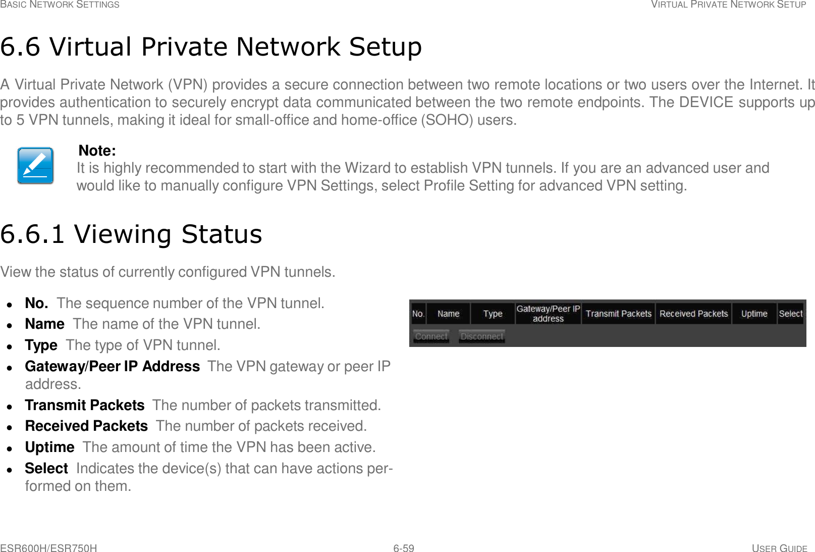 ESR600H/ESR750H 6-59 USER GUIDE BASIC NETWORK SETTINGS VIRTUAL PRIVATE NETWORK SETUP     6.6 Virtual Private Network Setup  A Virtual Private Network (VPN) provides a secure connection between two remote locations or two users over the Internet. It provides authentication to securely encrypt data communicated between the two remote endpoints. The DEVICE supports up to 5 VPN tunnels, making it ideal for small-office and home-office (SOHO) users.  Note: It is highly recommended to start with the Wizard to establish VPN tunnels. If you are an advanced user and would like to manually configure VPN Settings, select Profile Setting for advanced VPN setting.   6.6.1 Viewing Status  View the status of currently configured VPN tunnels.   No.  The sequence number of the VPN tunnel.  Name The name of the VPN tunnel.  Type  The type of VPN tunnel.  Gateway/Peer IP Address The VPN gateway or peer IP address.  Transmit Packets  The number of packets transmitted.  Received Packets  The number of packets received.  Uptime The amount of time the VPN has been active.  Select Indicates the device(s) that can have actions per- formed on them. 