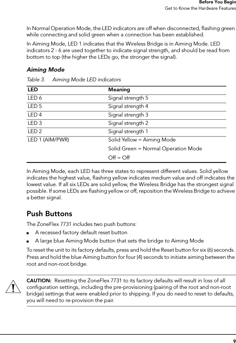 9Before You BeginGet to Know the Hardware FeaturesIn Normal Operation Mode, the LED indicators are off when disconnected, flashing green while connecting and solid green when a connection has been established. In Aiming Mode, LED 1 indicates that the Wireless Bridge is in Aiming Mode. LED indicators 2 - 6 are used together to indicate signal strength, and should be read from bottom to top (the higher the LEDs go, the stronger the signal). Aiming ModeIn Aiming Mode, each LED has three states to represent different values. Solid yellow indicates the highest value, flashing yellow indicates medium value and off indicates the lowest value. If all six LEDs are solid yellow, the Wireless Bridge has the strongest signal possible. If some LEDs are flashing yellow or off, reposition the Wireless Bridge to achieve a better signal. Push ButtonsThe ZoneFlex 7731 includes two push buttons:■A recessed factory default reset button■A large blue Aiming Mode button that sets the bridge to Aiming ModeTo reset the unit to its factory defaults, press and hold the Reset button for six (6) seconds. Press and hold the blue Aiming button for four (4) seconds to initiate aiming between the root and non-root bridge.CAUTION:  Resetting the ZoneFlex 7731 to its factory defaults will result in loss of all configuration settings, including the pre-provisioning (pairing of the root and non-root bridge) settings that were enabled prior to shipping. If you do need to reset to defaults, you will need to re-provision the pair.Table 3. Aiming Mode LED indicatorsLED MeaningLED 6 Signal strength 5LED 5 Signal strength 4LED 4 Signal strength 3LED 3 Signal strength 2LED 2 Signal strength 1LED 1 (AIM/PWR) Solid Yellow = Aiming ModeSolid Green = Normal Operation ModeOff = Off