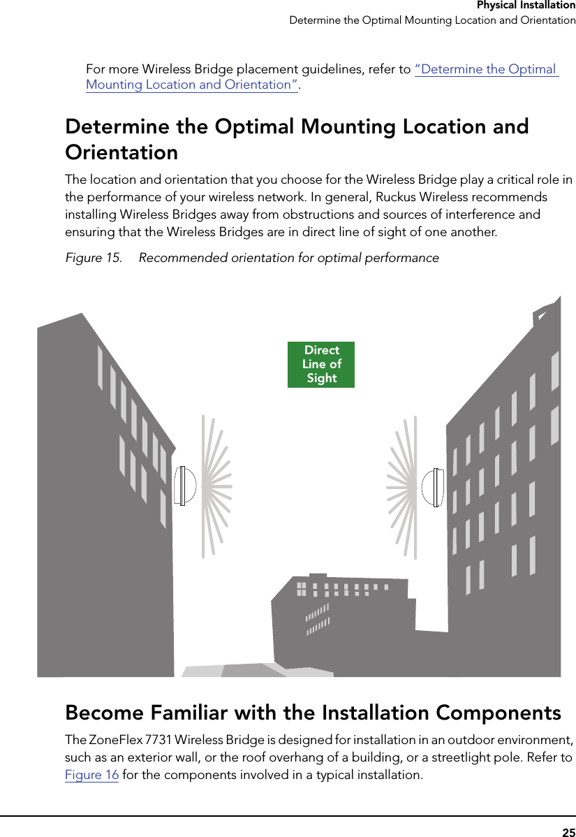 25Physical InstallationDetermine the Optimal Mounting Location and OrientationFor more Wireless Bridge placement guidelines, refer to “Determine the Optimal Mounting Location and Orientation”.Determine the Optimal Mounting Location and OrientationThe location and orientation that you choose for the Wireless Bridge play a critical role in the performance of your wireless network. In general, Ruckus Wireless recommends installing Wireless Bridges away from obstructions and sources of interference and ensuring that the Wireless Bridges are in direct line of sight of one another.Figure 15. Recommended orientation for optimal performanceBecome Familiar with the Installation ComponentsThe ZoneFlex 7731 Wireless Bridge is designed for installation in an outdoor environment, such as an exterior wall, or the roof overhang of a building, or a streetlight pole. Refer to Figure 16 for the components involved in a typical installation. Direct Line of Sight