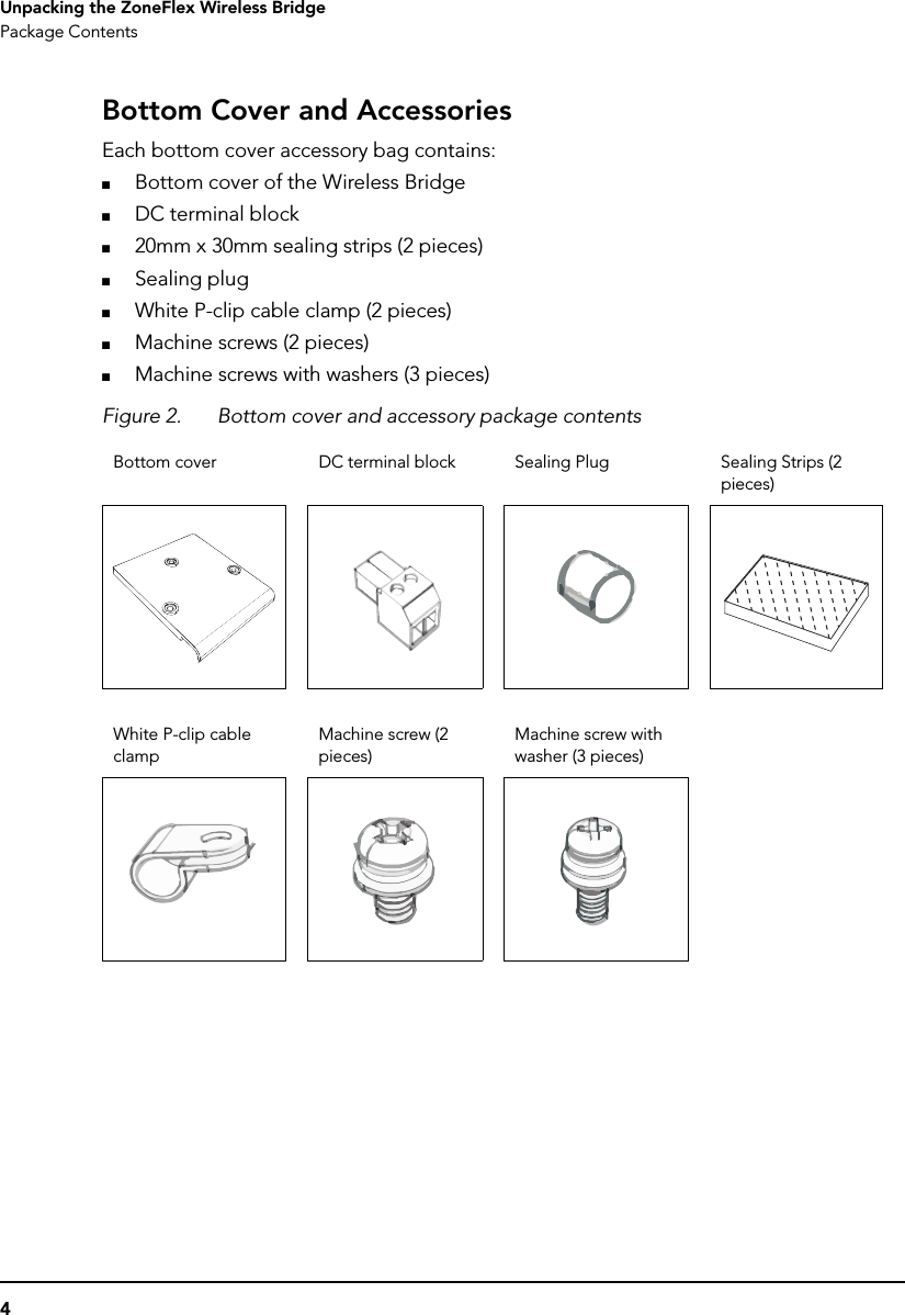 4Unpacking the ZoneFlex Wireless BridgePackage ContentsBottom Cover and AccessoriesEach bottom cover accessory bag contains:■Bottom cover of the Wireless Bridge■DC terminal block■20mm x 30mm sealing strips (2 pieces)■Sealing plug■White P-clip cable clamp (2 pieces)■Machine screws (2 pieces)■Machine screws with washers (3 pieces)Figure 2. Bottom cover and accessory package contentsBottom cover DC terminal block Sealing Plug Sealing Strips (2 pieces)White P-clip cable clampMachine screw (2 pieces)Machine screw with washer (3 pieces)