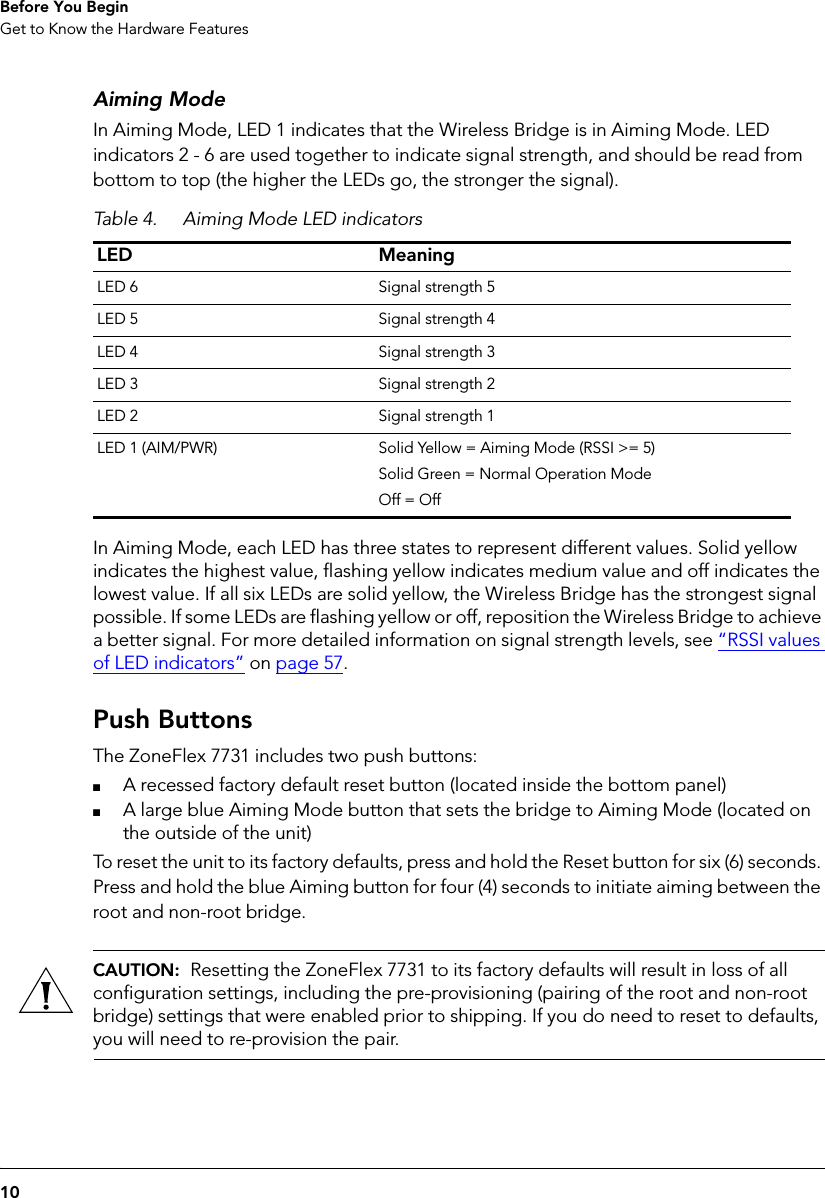 10Before You BeginGet to Know the Hardware FeaturesAiming ModeIn Aiming Mode, LED 1 indicates that the Wireless Bridge is in Aiming Mode. LED indicators 2 - 6 are used together to indicate signal strength, and should be read from bottom to top (the higher the LEDs go, the stronger the signal).Table 4. Aiming Mode LED indicatorsLED MeaningLED 6 Signal strength 5LED 5 Signal strength 4LED 4 Signal strength 3LED 3 Signal strength 2LED 2 Signal strength 1LED 1 (AIM/PWR) Solid Yellow = Aiming Mode (RSSI &gt;= 5)Solid Green = Normal Operation ModeOff = OffIn Aiming Mode, each LED has three states to represent different values. Solid yellow indicates the highest value, flashing yellow indicates medium value and off indicates the lowest value. If all six LEDs are solid yellow, the Wireless Bridge has the strongest signal possible. If some LEDs are flashing yellow or off, reposition the Wireless Bridge to achieve a better signal. For more detailed information on signal strength levels, see “RSSI values of LED indicators” on page 57. Push ButtonsThe ZoneFlex 7731 includes two push buttons:■A recessed factory default reset button (located inside the bottom panel)■A large blue Aiming Mode button that sets the bridge to Aiming Mode (located on the outside of the unit)To reset the unit to its factory defaults, press and hold the Reset button for six (6) seconds. Press and hold the blue Aiming button for four (4) seconds to initiate aiming between the root and non-root bridge.CAUTION:  Resetting the ZoneFlex 7731 to its factory defaults will result in loss of all configuration settings, including the pre-provisioning (pairing of the root and non-root bridge) settings that were enabled prior to shipping. If you do need to reset to defaults, you will need to re-provision the pair.