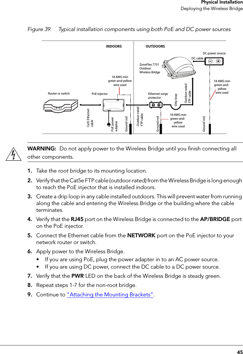 45 Physical InstallationDeploying the Wireless BridgeFigure 39. Typical installation components using both PoE and DC power sourcesRouter or switch PoE injectorCat5 Ethernet cablePoE power adapterGround rodOutdoor-rated FTP cableDrip loopOutdoor-rated FTP cableGround rodZoneFlex 7731 Outdoor Wireless BridgeDC power sourceINDOORS OUTDOORSDC cable18 AWG mingreen-and-yellowwire used18 AWG mingreen-and-yellowwire usedGround rodEthernet surge protector18 AWG mingreen-and-yellowwire usedWARNING:  Do not apply power to the Wireless Bridge until you finish connecting all other components.1. Take  t he root bridge to its mounting location. 2. Verify that the Cat5e FTP cable (outdoor-rated) from the Wireless Bridge is long enough to reach the PoE injector that is installed indoors. 3. Create a drip loop in any cable installed outdoors. This will prevent water from running along the cable and entering the Wireless Bridge or the building where the cable terminates.4. Verify that the RJ45 port on the Wireless Bridge is connected to the AP/BRIDGE port on the PoE injector. 5. Connect the Ethernet cable from the NETWORK port on the PoE injector to your network router or switch.6. Apply power to the Wireless Bridge.• If you are using PoE, plug the power adapter in to an AC power source. • If you are using DC power, connect the DC cable to a DC power source.7. Verify that the PWR LED on the back of the Wireless Bridge is steady green.8. Repeat steps 1-7 for the non-root bridge.9. Continue to “Attaching the Mounting Brackets”.