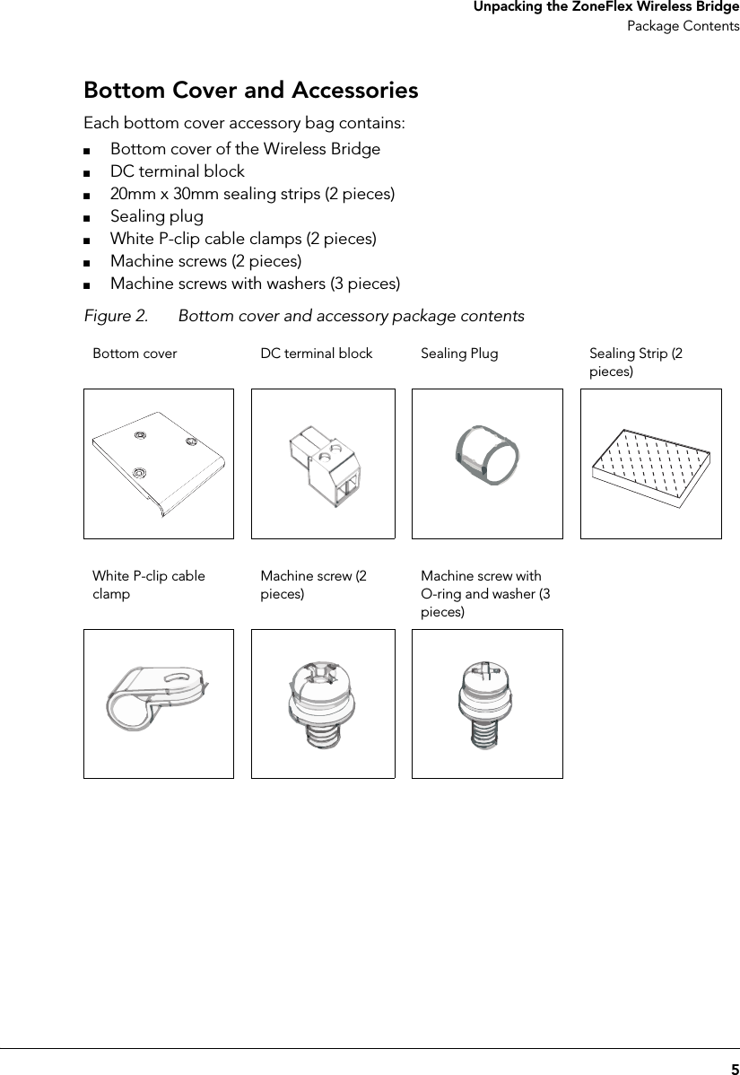 5 Unpacking the ZoneFlex Wireless BridgePackage ContentsBottom Cover and AccessoriesEach bottom cover accessory bag contains:■Bottom cover of the Wireless Bridge■DC terminal block■20mm x 30mm sealing strips (2 pieces)■Sealing plug■White P-clip cable clamps (2 pieces)■Machine screws (2 pieces)■Machine screws with washers (3 pieces)Figure 2. Bottom cover and accessory package contentsBottom cover DC terminal block Sealing Plug Sealing Strip (2 pieces)White P-clip cable clampMachine screw (2 pieces)Machine screw with O-ring and washer (3 pieces)