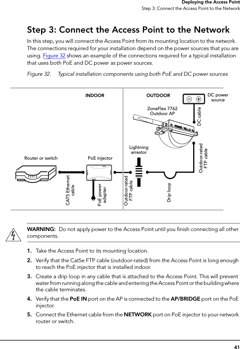 41Deploying the Access PointStep 3: Connect the Access Point to the NetworkStep 3: Connect the Access Point to the NetworkIn this step, you will connect the Access Point from its mounting location to the network.   The connections required for your installation depend on the power sources that you are using. Figure 32 shows an example of the connections required for a typical installation that uses both PoE and DC power as power sources.Figure 32. Typical installation components using both PoE and DC power sourcesWARNING:  Do not apply power to the Access Point until you finish connecting all other components.1. Take the Access Point to its mounting location. 2. Verify that the Cat5e FTP cable (outdoor-rated) from the Access Point is long enough to reach the PoE injector that is installed indoor. 3. Create a drip loop in any cable that is attached to the Access Point. This will prevent water from running along the cable and entering the Access Point or the building where the cable terminates.4. Verify that the PoE IN port on the AP is connected to the AP/BRIDGE port on the PoE injector. 5. Connect the Ethernet cable from the NETWORK port on PoE injector to your network router or switch.INDOOR OUTDOOR DC power sourceRouter or switch PoE injectorLightning arrestorZoneFlex 7762 Outdoor APCAT5 Ethernet cablePoE power adapterOutdoor-rated FTP cableDrip loopOutdoor-rated FTP cableDC cable