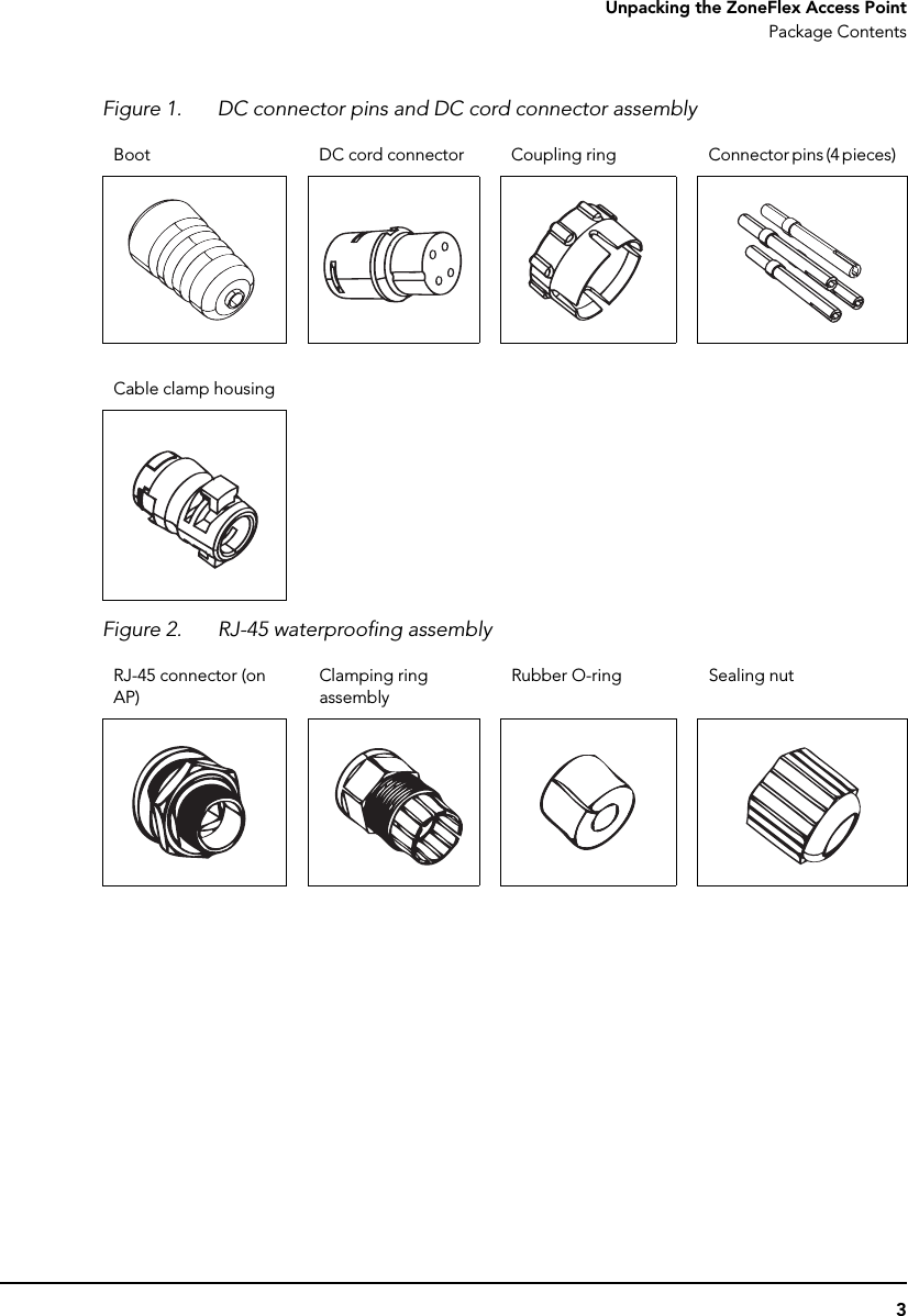 3Unpacking the ZoneFlex Access PointPackage ContentsFigure 1. DC connector pins and DC cord connector assemblyFigure 2. RJ-45 waterproofing assemblyBoot DC cord connector Coupling ring Connector pins (4 pieces)Cable clamp housingRJ-45 connector (on AP)Clamping ring assemblyRubber O-ring Sealing nut