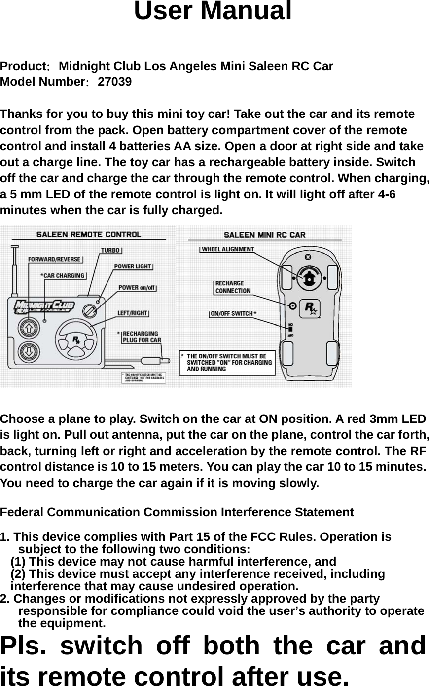 Senboli Plastic Mold Factory 27039 Midnight Club Los Angeles Mini Saleen RC  Car User Manual