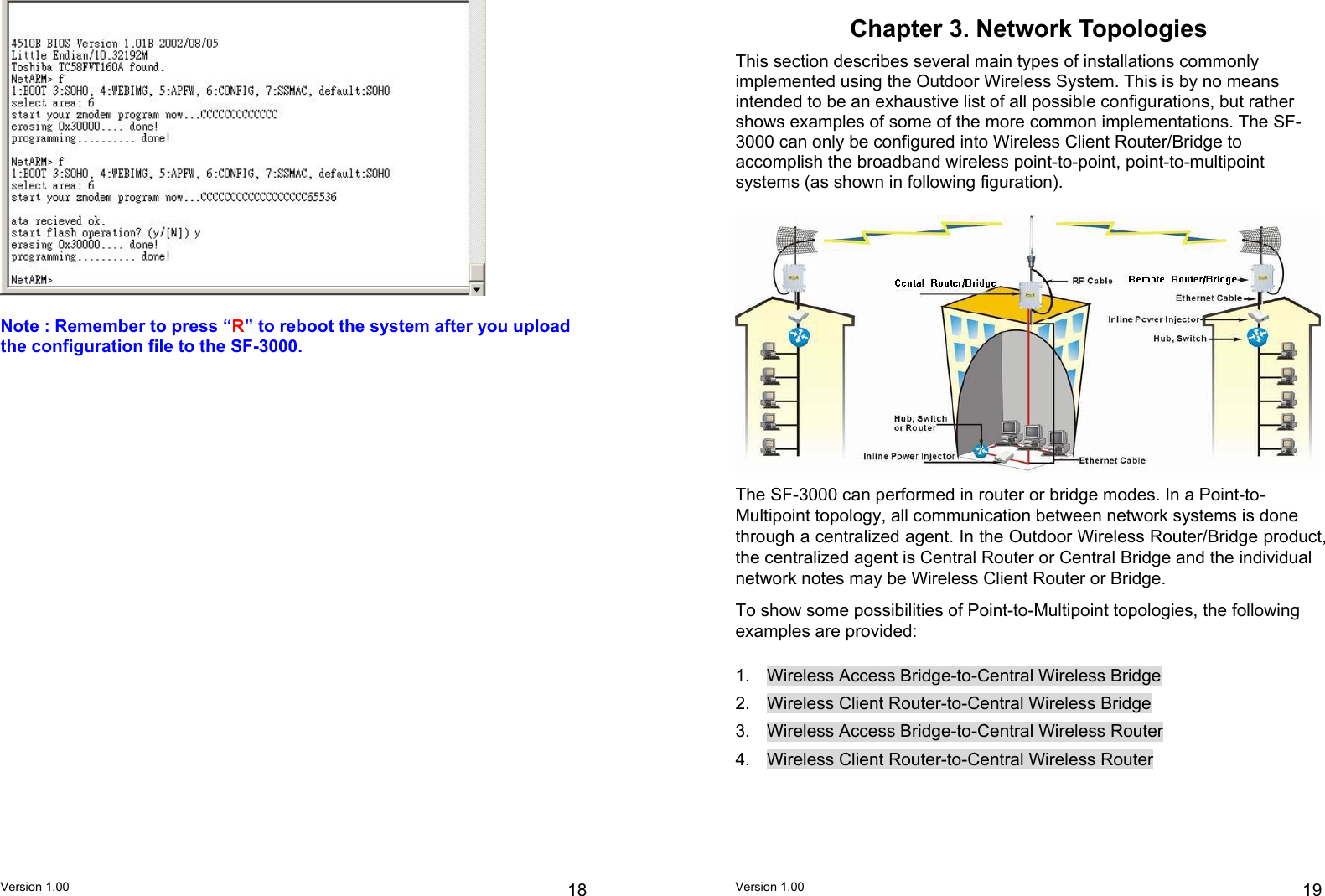 Chapter 3. Network Topologies This section describes several main types of installations commonly implemented using the Outdoor Wireless System. This is by no means intended to be an exhaustive list of all possible configurations, but rather shows examples of some of the more common implementations. The SF-3000 can only be configured into Wireless Client Router/Bridge to accomplish the broadband wireless point-to-point, point-to-multipoint systems (as shown in following figuration).         Note : Remember to press “R” to reboot the system after you upload the configuration file to the SF-3000.          The SF-3000 can performed in router or bridge modes. In a Point-to-Multipoint topology, all communication between network systems is done through a centralized agent. In the Outdoor Wireless Router/Bridge product, the centralized agent is Central Router or Central Bridge and the individual network notes may be Wireless Client Router or Bridge. To show some possibilities of Point-to-Multipoint topologies, the following examples are provided:  1.  Wireless Access Bridge-to-Central Wireless Bridge  2.  Wireless Client Router-to-Central Wireless Bridge 3.  Wireless Access Bridge-to-Central Wireless Router 4.  Wireless Client Router-to-Central Wireless Router  Version 1.00  18 Version 1.00  19