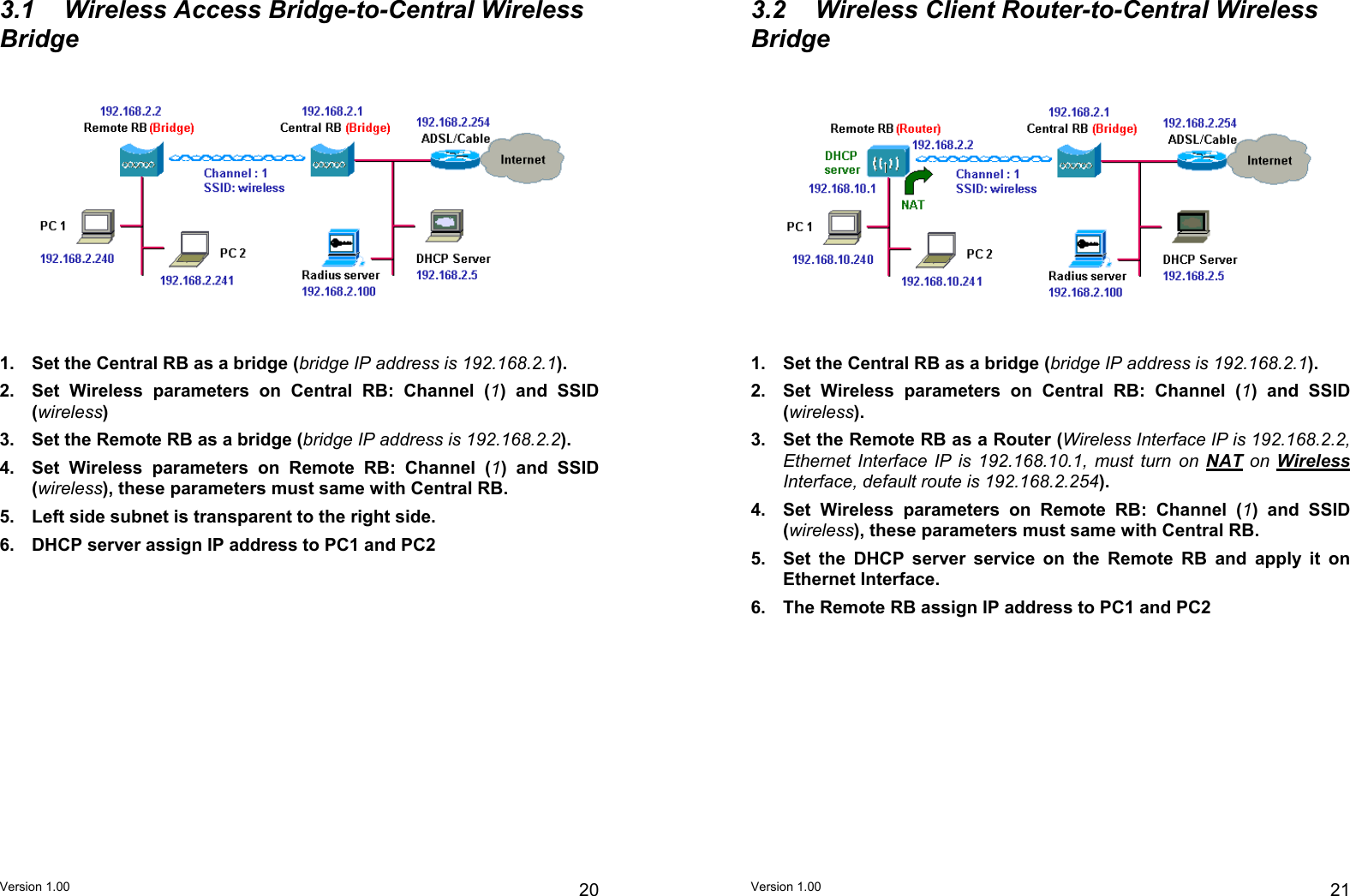 3.1  Wireless Access Bridge-to-Central Wireless Bridge 3.2  Wireless Client Router-to-Central Wireless Bridge    1.  Set the Central RB as a bridge (bridge IP address is 192.168.2.1).  1.  Set the Central RB as a bridge (bridge IP address is 192.168.2.1). 2.  Set Wireless parameters on Central RB: Channel (1) and SSID (wireless) 2.  Set Wireless parameters on Central RB: Channel (1) and SSID (wireless). 3.  Set the Remote RB as a bridge (bridge IP address is 192.168.2.2).  3.  Set the Remote RB as a Router (Wireless Interface IP is 192.168.2.2, Ethernet Interface IP is 192.168.10.1, must turn on NAT on Wireless Interface, default route is 192.168.2.254). 4.  Set Wireless parameters on Remote RB: Channel (1) and SSID (wireless), these parameters must same with Central RB. 4.  Set Wireless parameters on Remote RB: Channel (1) and SSID (wireless), these parameters must same with Central RB. 5.  Left side subnet is transparent to the right side. 6.  DHCP server assign IP address to PC1 and PC2  5.  Set the DHCP server service on the Remote RB and apply it on Ethernet Interface.   6.  The Remote RB assign IP address to PC1 and PC2    Version 1.00  20 Version 1.00  21