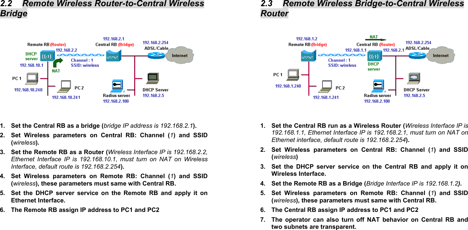 10 2.2  Remote Wireless Router-to-Central Wireless Bridge  1.  Set the Central RB as a bridge (bridge IP address is 192.168.2.1). 2.  Set Wireless parameters on Central RB: Channel (1) and SSID (wireless). 3.  Set the Remote RB as a Router (Wireless Interface IP is 192.168.2.2, Ethernet Interface IP is 192.168.10.1, must turn on NAT on Wireless Interface, default route is 192.168.2.254). 4.  Set Wireless parameters on Remote RB: Channel (1) and SSID (wireless), these parameters must same with Central RB. 5.  Set the DHCP server service on the Remote RB and apply it on Ethernet Interface. 6.  The Remote RB assign IP address to PC1 and PC2    11 2.3  Remote Wireless Bridge-to-Central Wireless Router  1.  Set the Central RB run as a Wireless Router (Wireless Interface IP is 192.168.1.1, Ethernet Interface IP is 192.168.2.1, must turn on NAT on Ethernet interface, default route is 192.168.2.254). 2.  Set Wireless parameters on Central RB: Channel (1) and SSID (wireless) 3.  Set the DHCP server service on the Central RB and apply it on Wireless Interface. 4.  Set the Remote RB as a Bridge (Bridge Interface IP is 192.168.1.2).  5.  Set Wireless parameters on Remote RB: Channel (1) and SSID (wireless), these parameters must same with Central RB. 6.  The Central RB assign IP address to PC1 and PC2 7.  The operator can also turn off NAT behavior on Central RB and two subnets are transparent.         