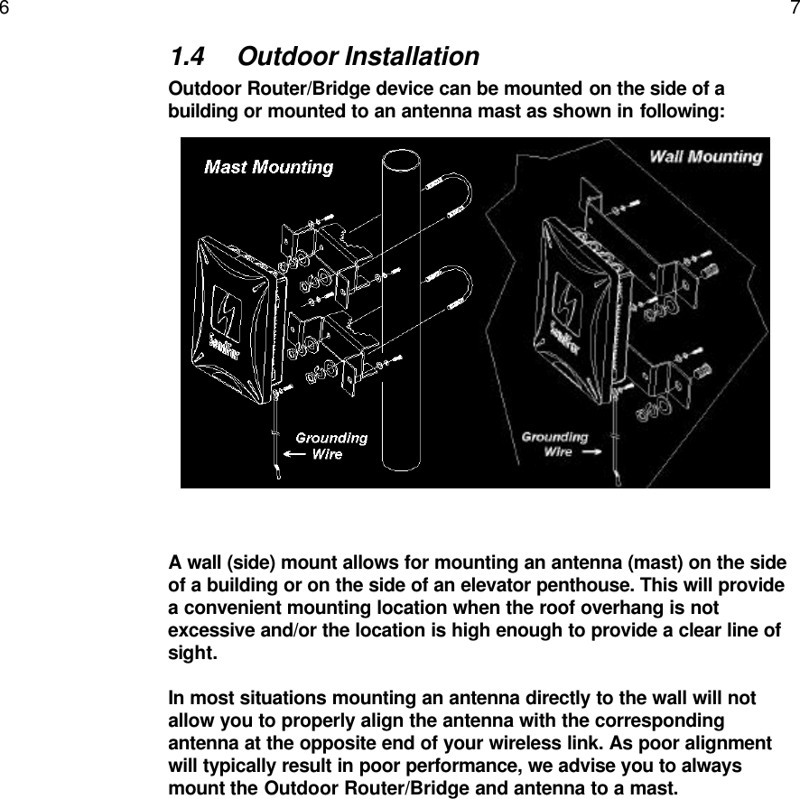   6    7 1.4 Outdoor Installation Outdoor Router/Bridge device can be mounted on the side of a building or mounted to an antenna mast as shown in following:                    A wall (side) mount allows for mounting an antenna (mast) on the side of a building or on the side of an elevator penthouse. This will provide a convenient mounting location when the roof overhang is not excessive and/or the location is high enough to provide a clear line of sight.  In most situations mounting an antenna directly to the wall will not allow you to properly align the antenna with the corresponding antenna at the opposite end of your wireless link. As poor alignment will typically result in poor performance, we advise you to always mount the Outdoor Router/Bridge and antenna to a mast.   