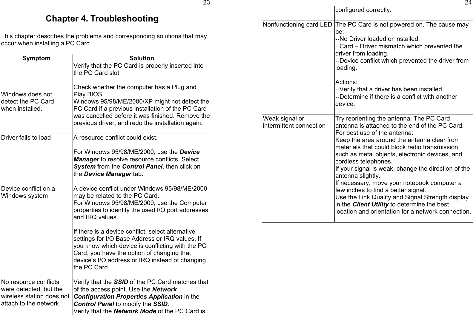 23Chapter 4. TroubleshootingThis chapter describes the problems and corresponding solutions that mayoccur when installing a PC Card.Symptom SolutionWindows does notdetect the PC Cardwhen installed.Verify that the PC Card is properly inserted intothe PC Card slot.Check whether the computer has a Plug andPlay BIOS.Windows 95/98/ME/2000/XP might not detect thePC Card if a previous installation of the PC Cardwas cancelled before it was finished. Remove theprevious driver, and redo the installation again.Driver fails to load A resource conflict could exist.For Windows 95/98/ME/2000, use the DeviceManager to resolve resource conflicts. SelectSystem from the Control Panel, then click onthe Device Manager tab.Device conflict on aWindows systemA device conflict under Windows 95/98/ME/2000may be related to the PC Card.For Windows 95/98/ME/2000, use the Computerproperties to identify the used I/O port addressesand IRQ values.If there is a device conflict, select alternativesettings for I/O Base Address or IRQ values. Ifyou know which device is conflicting with the PCCard, you have the option of changing thatdevice’s I/O address or IRQ instead of changingthe PC Card.No resource conflictswere detected, but thewireless station does notattach to the networkVerify that the SSID of the PC Card matches thatof the access point. Use the NetworkConfiguration Properties Application in theControl Panel to modify the SSID.Verify that the Network Mode of the PC Card is24configured correctly.Nonfunctioning card LED The PC Card is not powered on. The cause maybe:--No Driver loaded or installed.--Card – Driver mismatch which prevented thedriver from loading.--Device conflict which prevented the driver fromloading.Actions:--Verify that a driver has been installed.--Determine if there is a conflict with anotherdevice.Weak signal orintermittent connectionTry reorienting the antenna. The PC Cardantenna is attached to the end of the PC Card.For best use of the antenna:Keep the area around the antenna clear frommaterials that could block radio transmission,such as metal objects, electronic devices, andcordless telephones.If your signal is weak, change the direction of theantenna slightly.If necessary, move your notebook computer afew inches to find a better signal.Use the Link Quality and Signal Strength displayin the Client Utility to determine the bestlocation and orientation for a network connection.