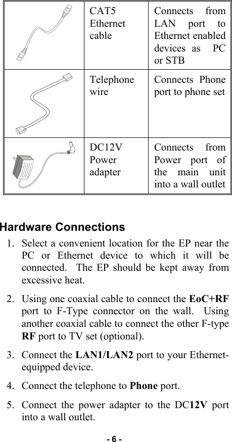 - 6 -  CAT5 Ethernet cable Connects from LAN port to Ethernet enabled devices as  PC or STB  Telephone wire Connects Phone port to phone setDC12V Power adapter Connects from Power port of the main unit into a wall outlet Hardware Connections 1. Select a convenient location for the EP near the PC or Ethernet device to which it will be connected.  The EP should be kept away from excessive heat. 2. Using one coaxial cable to connect the EoC+RF port to F-Type connector on the wall.  Using another coaxial cable to connect the other F-type RF port to TV set (optional).  3. Connect the LAN1/LAN2 port to your Ethernet-equipped device.  4. Connect the telephone to Phone port. 5. Connect the power adapter to the DC12V port into a wall outlet. 