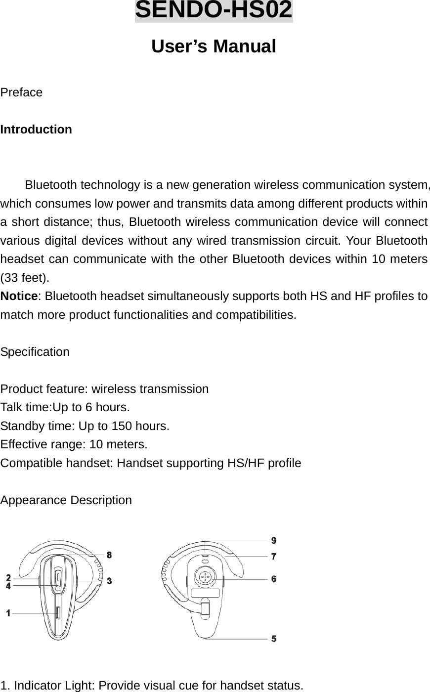 SENDO-HS02 User’s Manual  Preface  Introduction  !Bluetooth technology is a new generation wireless communication system, which consumes low power and transmits data among different products within a short distance; thus, Bluetooth wireless communication device will connect various digital devices without any wired transmission circuit. Your Bluetooth headset can communicate with the other Bluetooth devices within 10 meters (33 feet). Notice: Bluetooth headset simultaneously supports both HS and HF profiles to match more product functionalities and compatibilities.    Specification  Product feature: wireless transmission Talk time:Up to 6 hours. Standby time: Up to 150 hours. Effective range: 10 meters. Compatible handset: Handset supporting HS/HF profile  Appearance Description  !!1. Indicator Light: Provide visual cue for handset status. 