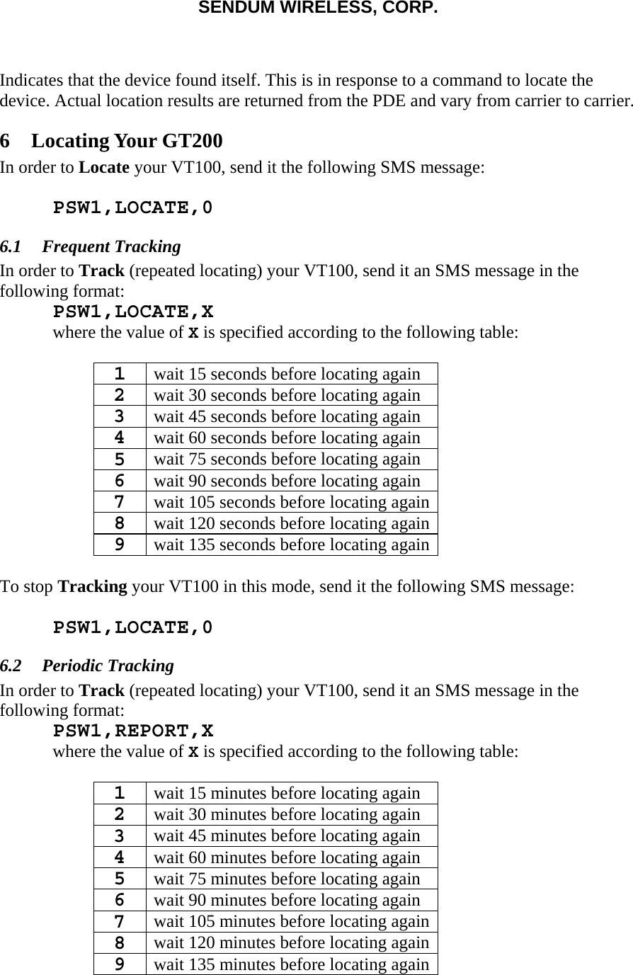 SENDUM WIRELESS, CORP.    Indicates that the device found itself. This is in response to a command to locate the device. Actual location results are returned from the PDE and vary from carrier to carrier. 6 Locating Your GT200 In order to Locate your VT100, send it the following SMS message:   PSW1,LOCATE,0 6.1 Frequent Tracking In order to Track (repeated locating) your VT100, send it an SMS message in the following format:  PSW1,LOCATE,X   where the value of X is specified according to the following table:  1  wait 15 seconds before locating again 2  wait 30 seconds before locating again 3  wait 45 seconds before locating again 4  wait 60 seconds before locating again 5  wait 75 seconds before locating again 6  wait 90 seconds before locating again 7  wait 105 seconds before locating again8  wait 120 seconds before locating again9  wait 135 seconds before locating again To stop Tracking your VT100 in this mode, send it the following SMS message:   PSW1,LOCATE,0  6.2 Periodic Tracking In order to Track (repeated locating) your VT100, send it an SMS message in the following format:  PSW1,REPORT,X   where the value of X is specified according to the following table:  1  wait 15 minutes before locating again 2  wait 30 minutes before locating again 3  wait 45 minutes before locating again 4  wait 60 minutes before locating again 5  wait 75 minutes before locating again 6  wait 90 minutes before locating again 7  wait 105 minutes before locating again8  wait 120 minutes before locating again9  wait 135 minutes before locating again