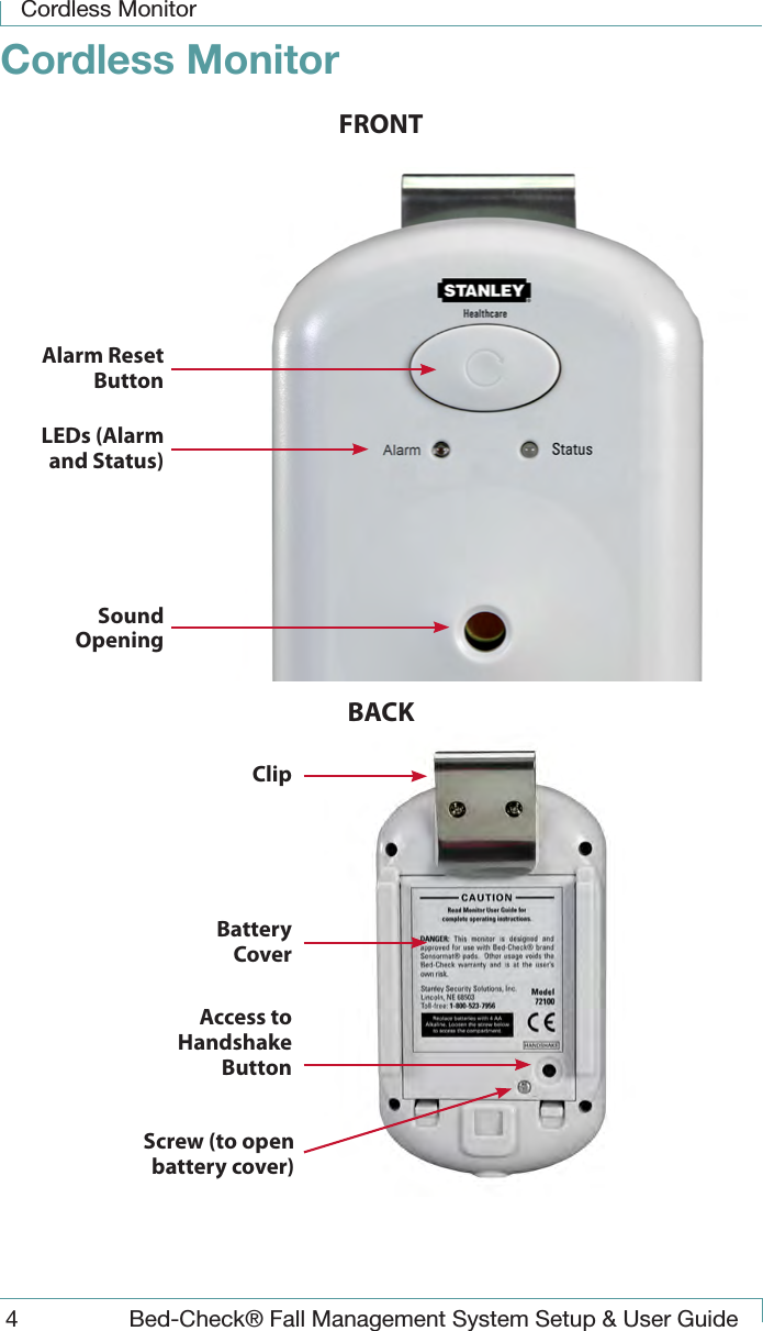 Cordless Monitor4  Bed-Check&reg; Fall Management System Setup &amp; User GuideCordless MonitorFRONTBACK ClipBattery CoverAccess to Handshake ButtonScrew (to open battery cover)Alarm Reset ButtonLEDs (Alarm and Status)Sound Opening