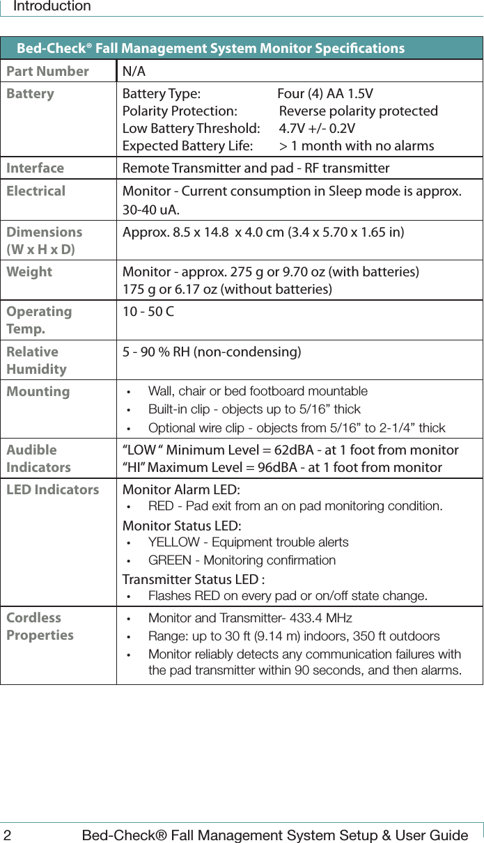 Introduction2  Bed-Check&reg; Fall Management System Setup &amp; User GuideBed-Check&reg; Fall Management System Monitor SpecicationsPart Number N/ABattery Battery Type:                         Four (4) AA 1.5VPolarity Protection:  Reverse polarity protectedLow Battery Threshold:  4.7V +/- 0.2VExpected Battery Life:  > 1 month with no alarmsInterface Remote Transmitter and pad - RF transmitterElectrical Monitor - Current consumption in Sleep mode is approx. 30-40 uA.Dimensions (W x H x D)Approx. 8.5 x 14.8  x 4.0 cm (3.4 x 5.70 x 1.65 in)Weight Monitor - approx. 275 g or 9.70 oz (with batteries)175 g or 6.17 oz (without batteries)Operating Temp.10 - 50 C Relative Humidity5 - 90 % RH (non-condensing)Mounting &bull;  Wall, chair or bed footboard mountable &bull;  Built-in clip - objects up to 5/16&rdquo; thick&bull;  Optional wire clip - objects from 5/16&rdquo; to 2-1/4&rdquo; thickAudible Indicators&ldquo;LOW &ldquo; Minimum Level = 62dBA - at 1 foot from monitor&ldquo;HI&rdquo; Maximum Level = 96dBA - at 1 foot from monitorLED Indicators Monitor Alarm LED:&bull;  RED - Pad exit from an on pad monitoring condition.Monitor Status LED:&bull;  YELLOW - Equipment trouble alerts&bull;  GREEN - Monitoring conﬁrmationTransmitter Status LED :&bull;  Flashes RED on every pad or on/off state change.Cordless Properties&bull;  Monitor and Transmitter- 433.4 MHz&bull;  Range: up to 30 ft (9.14 m) indoors, 350 ft outdoors&bull;  Monitor reliably detects any communication failures with the pad transmitter within 90 seconds, and then alarms.