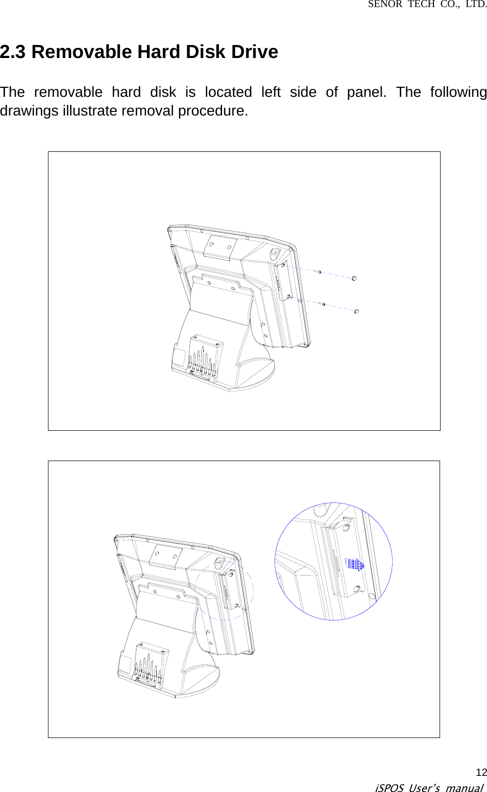 SENOR TECH CO., LTD.   iSPOS User’s manual  122.3 Removable Hard Disk Drive   The removable hard disk is located left side of panel. The following drawings illustrate removal procedure.       