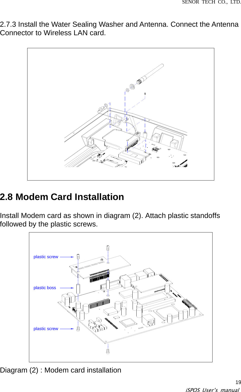 SENOR TECH CO., LTD.   iSPOS User’s manual  192.7.3 Install the Water Sealing Washer and Antenna. Connect the Antenna Connector to Wireless LAN card.      2.8 Modem Card Installation Install Modem card as shown in diagram (2). Attach plastic standoffs followed by the plastic screws.   plastic bossplastic screwplastic screw Diagram (2) : Modem card installation   