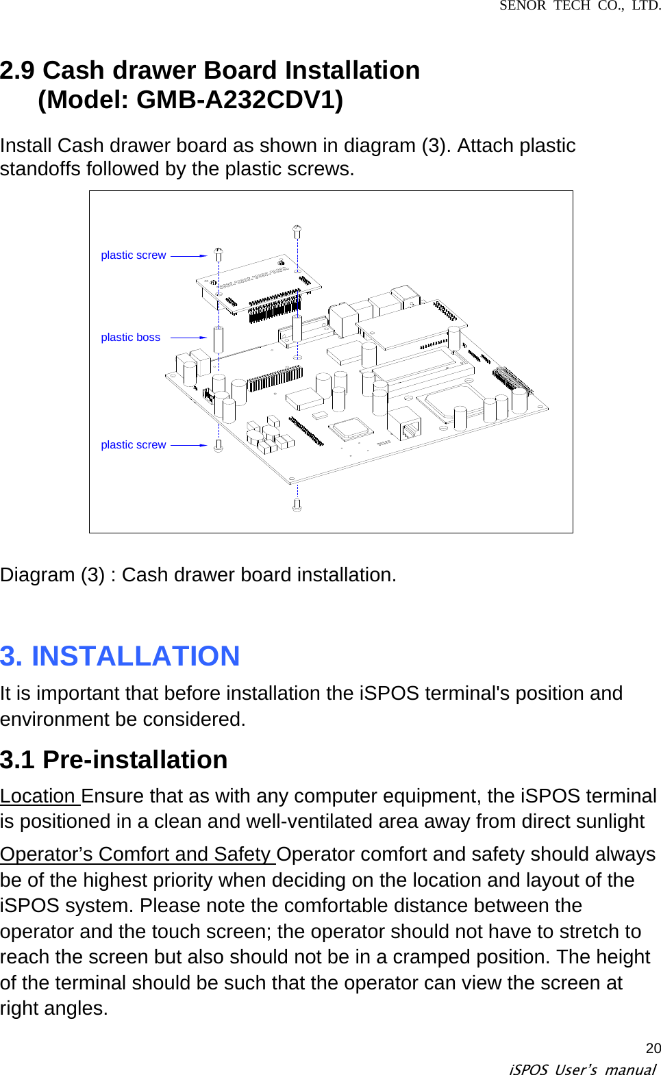 SENOR TECH CO., LTD.   iSPOS User’s manual  202.9 Cash drawer Board Installation    (Model: GMB-A232CDV1)  Install Cash drawer board as shown in diagram (3). Attach plastic standoffs followed by the plastic screws.   plastic screwplastic screwplastic boss  Diagram (3) : Cash drawer board installation.   3. INSTALLATION   It is important that before installation the iSPOS terminal&apos;s position and environment be considered.   3.1 Pre-installation     Location Ensure that as with any computer equipment, the iSPOS terminal is positioned in a clean and well-ventilated area away from direct sunlight   Operator’s Comfort and Safety Operator comfort and safety should always be of the highest priority when deciding on the location and layout of the iSPOS system. Please note the comfortable distance between the operator and the touch screen; the operator should not have to stretch to reach the screen but also should not be in a cramped position. The height of the terminal should be such that the operator can view the screen at right angles.   