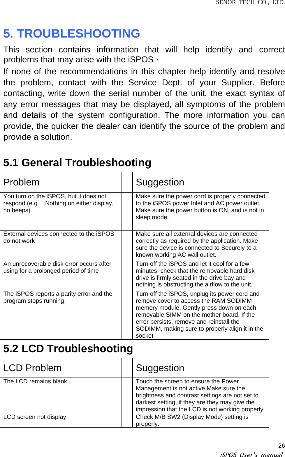 SENOR TECH CO., LTD.   iSPOS User’s manual  265. TROUBLESHOOTING   This section contains information that will help identify and correct problems that may arise with the iSPOS．   If none of the recommendations in this chapter help identify and resolve the problem, contact with the Service Dept. of your Supplier. Before contacting, write down the serial number of the unit, the exact syntax of any error messages that may be displayed, all symptoms of the problem and details of the system configuration. The more information you can provide, the quicker the dealer can identify the source of the problem and provide a solution.    5.1 General Troubleshooting   Problem    Suggestion  You turn on the iSPOS, but it does not respond (e.g.    Nothing on either display, no beeps).     Make sure the power cord is properly connected to the iSPOS power Inlet and AC power outlet. Make sure the power button is ON, and is not in sleep mode. External devices connected to the iSPOS do not work      Make sure all external devices are connected correctly as required by the application. Make sure the device is connected to Securely to a known working AC wall outlet. An unrecoverable disk error occurs after using for a prolonged period of time      Turn off the iSPOS and let it cool for a few minutes, check that the removable hard disk drive is firmly seated in the drive bay and nothing is obstructing the airflow to the unit. The iSPOS reports a parity error and the program stops running.      Turn off the iSPOS, unplug its power cord and remove cover to access the RAM SODIMM memory module. Gently press down on each removable SIMM on the mother board. If the error persists, remove and reinstall the SODIMM, making sure to properly align it in the socket  5.2 LCD Troubleshooting   LCD Problem    Suggestion The LCD remains blank .      Touch the screen to ensure the Power Management is not active Make sure the brightness and contrast settings are not set to darkest setting, if they are they may give the impression that the LCD is not working properly. LCD screen not display.      Check M/B SW2 (Display Mode) setting is properly.  