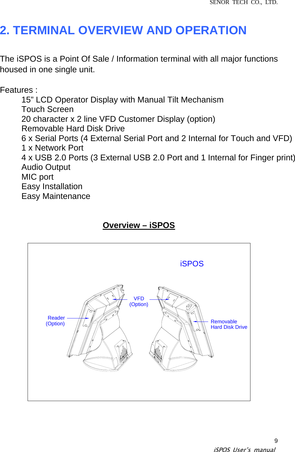 SENOR TECH CO., LTD.   iSPOS User’s manual  92. TERMINAL OVERVIEW AND OPERATION   The iSPOS is a Point Of Sale / Information terminal with all major functions housed in one single unit.   Features :     15” LCD Operator Display with Manual Tilt Mechanism    Touch Screen    20 character x 2 line VFD Customer Display (option)   Removable Hard Disk Drive     6 x Serial Ports (4 External Serial Port and 2 Internal for Touch and VFD)     1 x Network Port     4 x USB 2.0 Ports (3 External USB 2.0 Port and 1 Internal for Finger print)  Audio Output  MIC port   Easy Installation   Easy Maintenance    Overview – iSPOS  iSPOSVFD(Option)RemovableHard Disk DriveReader(Option) 