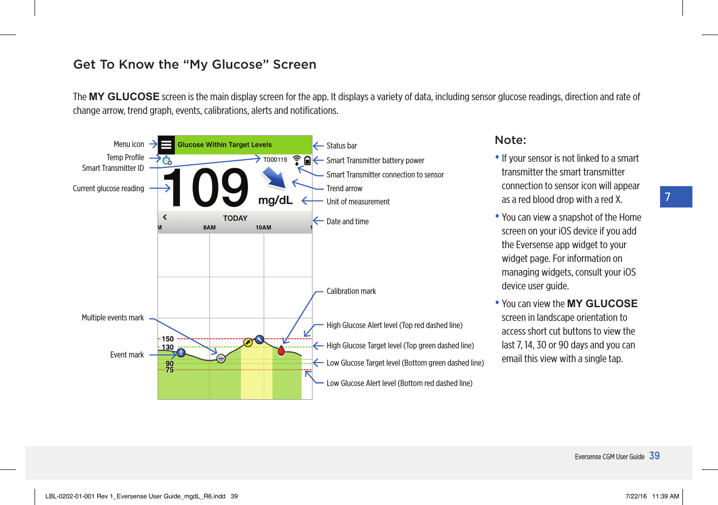 39Eversense CGM User Guide7Get To Know the “My Glucose” ScreenThe MY GLUCOSE screen is the main display screen for the app. It displays a variety of data, including sensor glucose readings, direction and rate of change arrow, trend graph, events, calibrations, alerts and notiﬁcations.Note:•  If your sensor is not linked to a smart transmitter the smart transmitter connection to sensor icon will appear as a red blood drop with a red X.•  You can view a snapshot of the Home screen on your iOS device if you add the Eversense app widget to your widget page. For information on managing widgets, consult your iOS device user guide.•  You can view the MY GLUCOSE screen in landscape orientation to access short cut buttons to view the last 7, 14, 30 or 90 days and you can email this view with a single tap.Menu iconTemp ProﬁleSmart Transmitter IDDate and timeSmart Transmitter battery powerCurrent glucose readingStatus barMultiple events markTrend arrowSmart Transmitter connection to sensorUnit of measurementLow Glucose Alert level (Bottom red dashed line)High Glucose Target level (Top green dashed line)High Glucose Alert level (Top red dashed line)Low Glucose Target level (Bottom green dashed line)Calibration markEvent markLBL-0202-01-001 Rev 1_Eversense User Guide_mgdL_R6.indd   39 7/22/16   11:39 AM