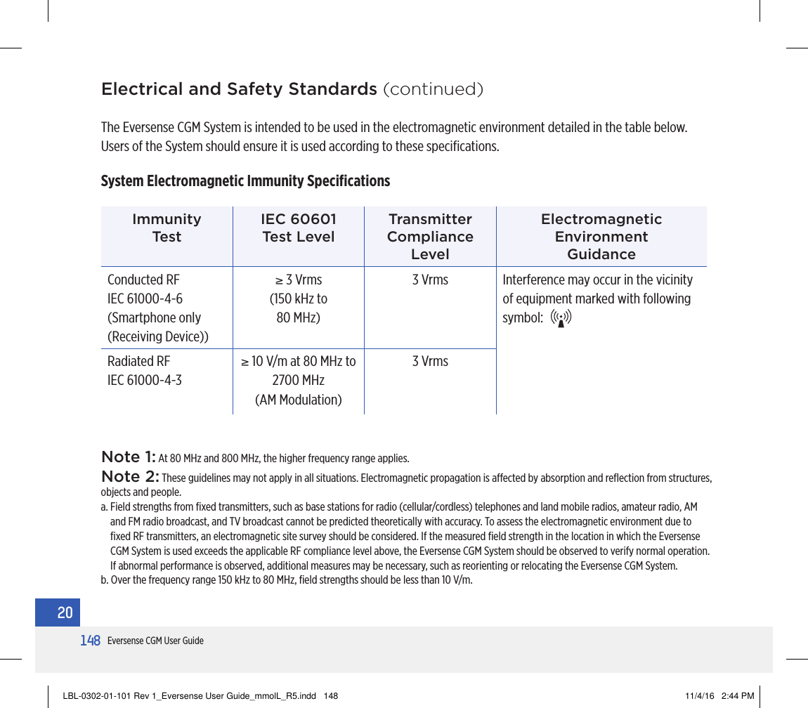 148Eversense CGM User Guide20Electrical and Safety Standards (continued)The Eversense CGM System is intended to be used in the electromagnetic environment detailed in the table below. Users of the System should ensure it is used according to these speciﬁcations.System Electromagnetic Immunity Speciﬁcations Immunity  TestIEC 60601  Test LevelTransmitter Compliance LevelElectromagnetic  Environment  GuidanceConducted RF  IEC 61000-4-6 (Smartphone only  (Receiving Device))≥ 3 Vrms  (150 kHz to  80 MHz)3 Vrms Interference may occur in the vicinity of equipment marked with following symbol: Radiated RF IEC 61000-4-3≥ 10 V/m at 80 MHz to 2700 MHz  (AM Modulation)3 VrmsNote 1: At 80 MHz and 800 MHz, the higher frequency range applies. Note 2: These guidelines may not apply in all situations. Electromagnetic propagation is aected by absorption and reﬂection from structures, objects and people. a.  Field strengths from ﬁxed transmitters, such as base stations for radio (cellular/cordless) telephones and land mobile radios, amateur radio, AM and FM radio broadcast, and TV broadcast cannot be predicted theoretically with accuracy. To assess the electromagnetic environment due to ﬁxed RF transmitters, an electromagnetic site survey should be considered. If the measured ﬁeld strength in the location in which the Eversense CGM System is used exceeds the applicable RF compliance level above, the Eversense CGM System should be observed to verify normal operation. If abnormal performance is observed, additional measures may be necessary, such as reorienting or relocating the Eversense CGM System. b. Over the frequency range 150 kHz to 80 MHz, ﬁeld strengths should be less than 10 V/m.LBL-0302-01-101 Rev 1_Eversense User Guide_mmolL_R5.indd   148 11/4/16   2:44 PM