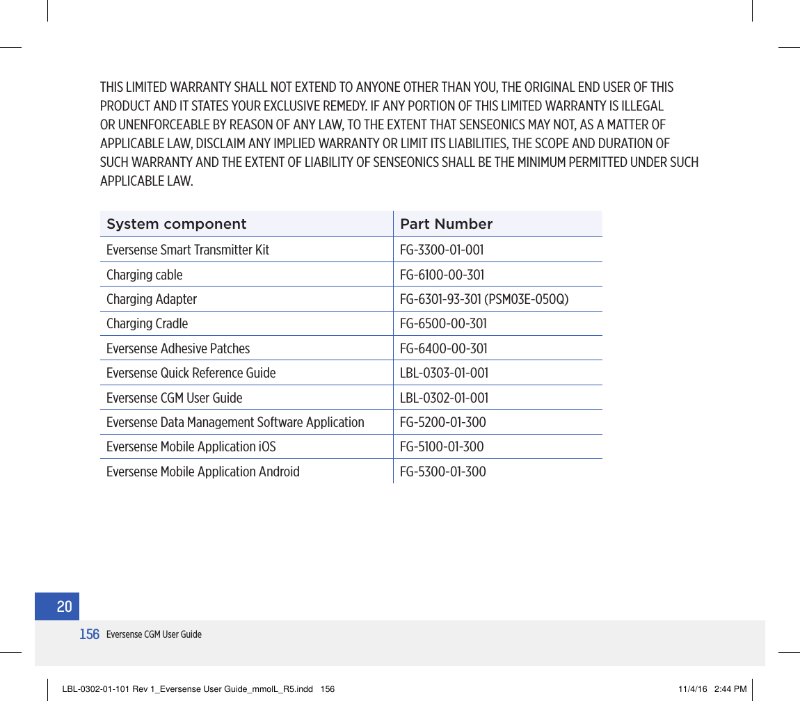 156Eversense CGM User Guide20System component Part NumberEversense Smart Transmitter Kit FG-3300-01-001Charging cable FG-6100-00-301Charging Adapter FG-6301-93-301 (PSM03E-050Q)Charging Cradle FG-6500-00-301Eversense Adhesive Patches  FG-6400-00-301Eversense Quick Reference Guide LBL-0303-01-001Eversense CGM User Guide LBL-0302-01-001Eversense Data Management Software Application FG-5200-01-300Eversense Mobile Application iOS FG-5100-01-300Eversense Mobile Application Android FG-5300-01-300THIS LIMITED WARRANTY SHALL NOT EXTEND TO ANYONE OTHER THAN YOU, THE ORIGINAL END USER OF THIS PRODUCT AND IT STATES YOUR EXCLUSIVE REMEDY. IF ANY PORTION OF THIS LIMITED WARRANTY IS ILLEGAL OR UNENFORCEABLE BY REASON OF ANY LAW, TO THE EXTENT THAT SENSEONICS MAY NOT, AS A MATTER OF APPLICABLE LAW, DISCLAIM ANY IMPLIED WARRANTY OR LIMIT ITS LIABILITIES, THE SCOPE AND DURATION OF SUCH WARRANTY AND THE EXTENT OF LIABILITY OF SENSEONICS SHALL BE THE MINIMUM PERMITTED UNDER SUCH APPLICABLE LAW.LBL-0302-01-101 Rev 1_Eversense User Guide_mmolL_R5.indd   156 11/4/16   2:44 PM