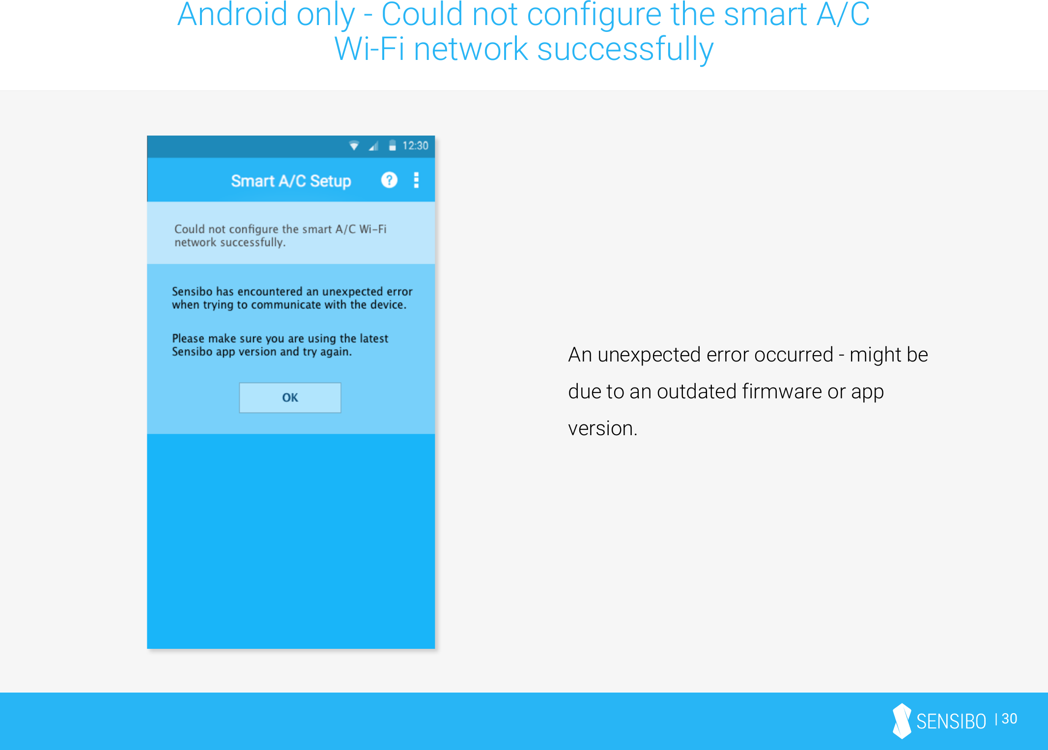 | 30Android only - Could not configure the smart A/C Wi-Fi network successfullyAn unexpected error occurred - might be due to an outdated firmware or app version. 