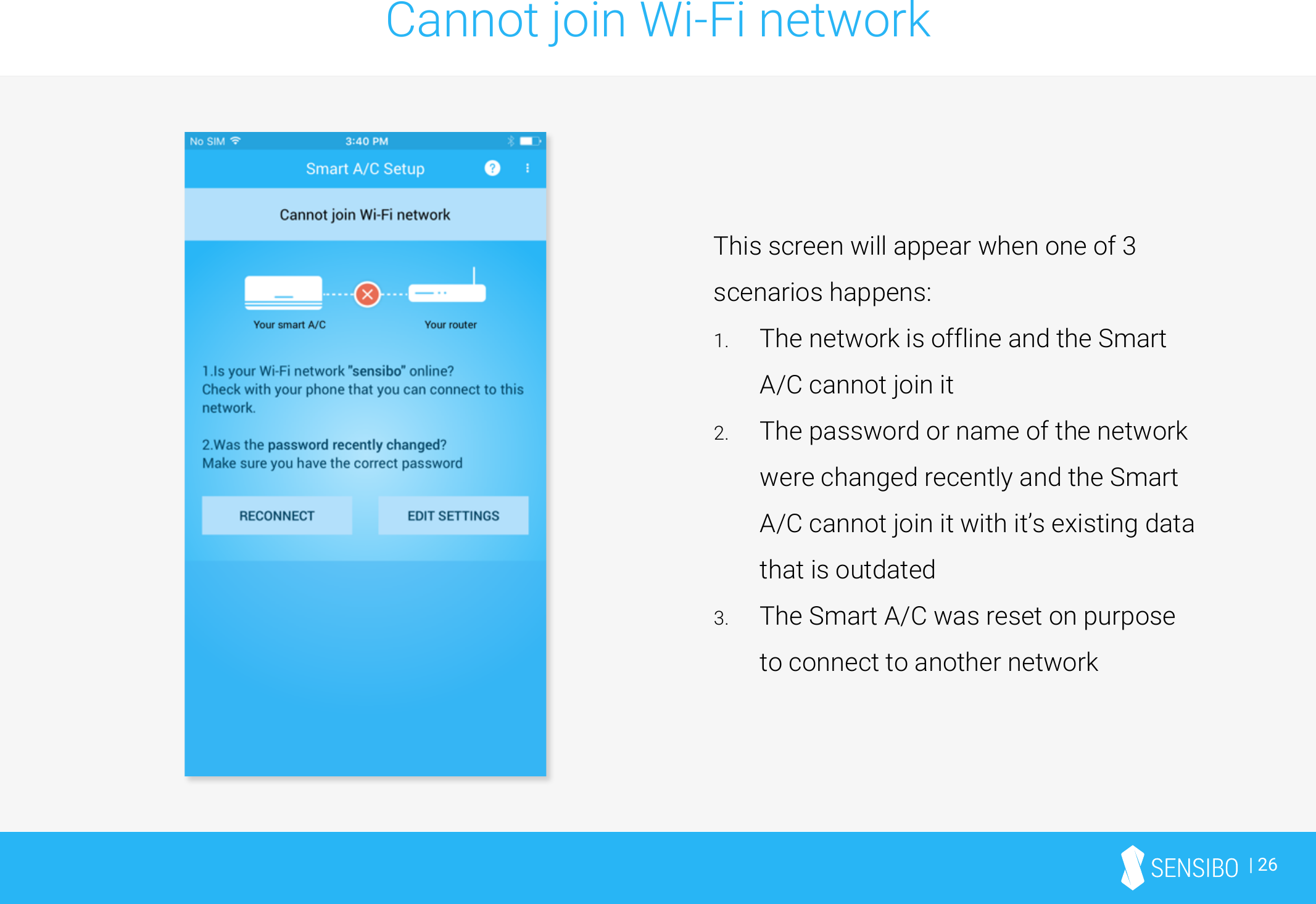 | 26Cannot join Wi-Fi networkThis screen will appear when one of 3 scenarios happens:1. The network is offline and the Smart A/C cannot join it2. The password or name of the network were changed recently and the Smart A/C cannot join it with it’s existing data that is outdated3. The Smart A/C was reset on purpose to connect to another network