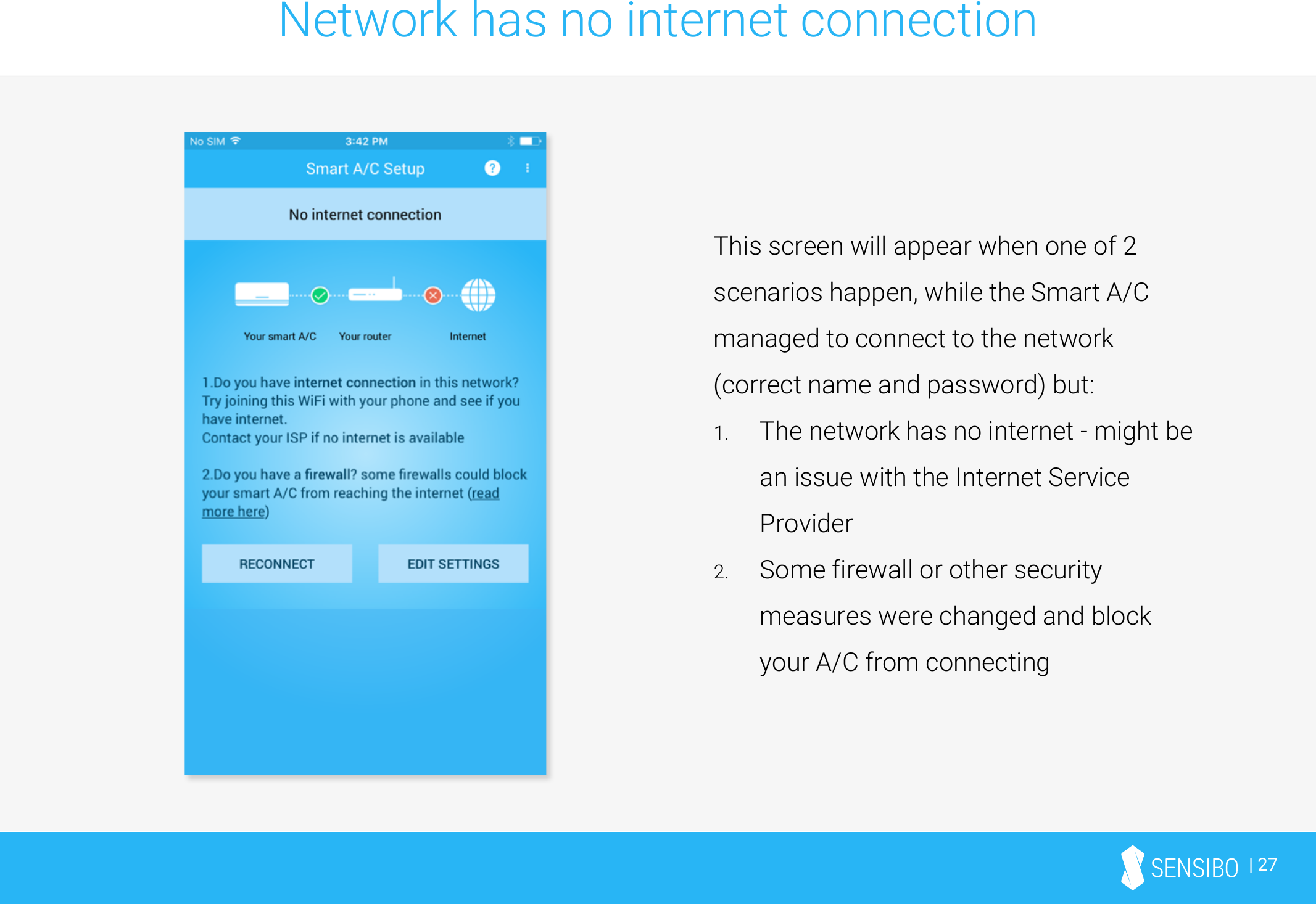 | 27Network has no internet connectionThis screen will appear when one of 2 scenarios happen, while the Smart A/C managed to connect to the network (correct name and password) but:1. The network has no internet -might be an issue with the Internet Service Provider2. Some firewall or other security measures were changed and block your A/C from connecting