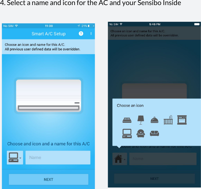  4. Select a name and icon for the AC and your Sensibo Inside        