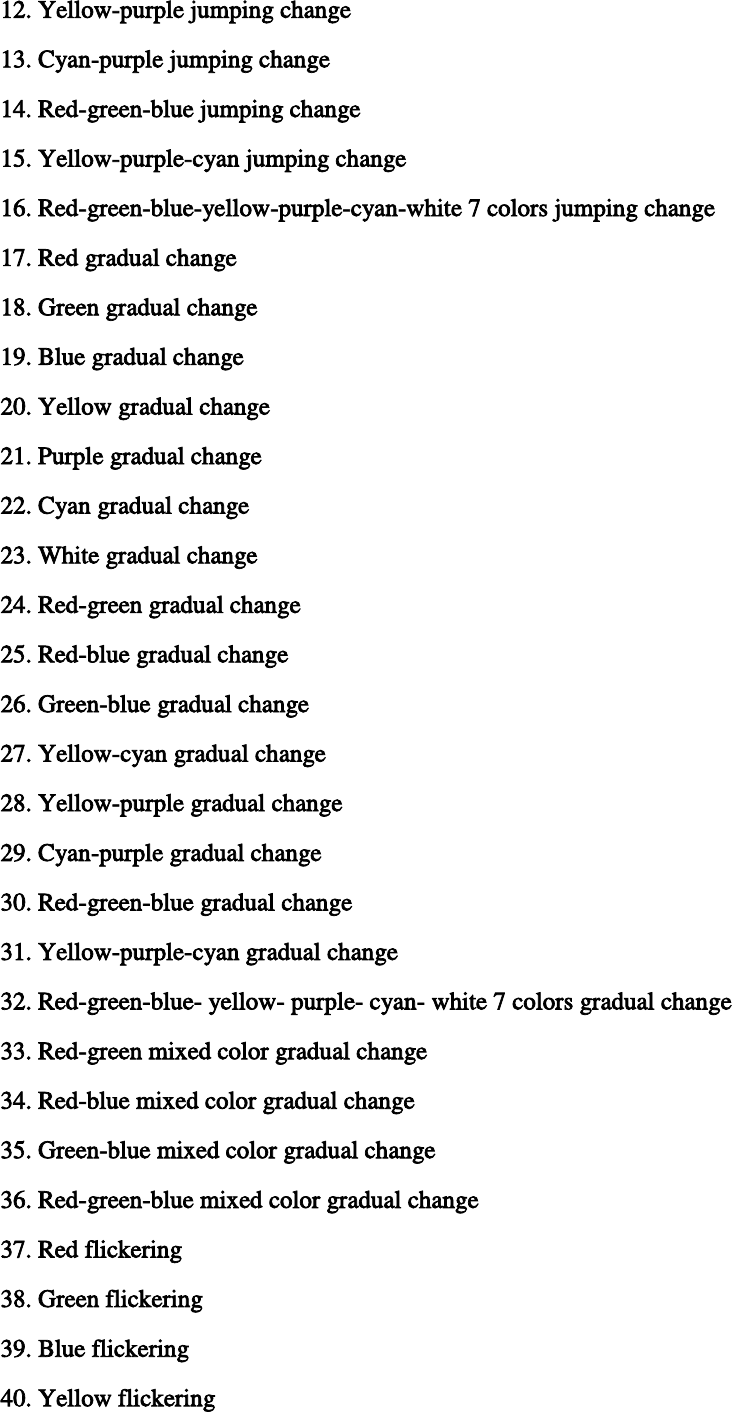  12. Yellow-purple jumping change 13. Cyan-purple jumping change 14. Red-green-blue jumping change 15. Yellow-purple-cyan jumping change 16. Red-green-blue-yellow-purple-cyan-white 7 colors jumping change 17. Red gradual change 18. Green gradual change 19. Blue gradual change 20. Yellow gradual change 21. Purple gradual change 22. Cyan gradual change 23. White gradual change 24. Red-green gradual change 25. Red-blue gradual change 26. Green-blue gradual change 27. Yellow-cyan gradual change 28. Yellow-purple gradual change 29. Cyan-purple gradual change 30. Red-green-blue gradual change 31. Yellow-purple-cyan gradual change 32. Red-green-blue- yellow- purple- cyan- white 7 colors gradual change 33. Red-green mixed color gradual change 34. Red-blue mixed color gradual change 35. Green-blue mixed color gradual change 36. Red-green-blue mixed color gradual change 37. Red flickering 38. Green flickering 39. Blue flickering 40. Yellow flickering 