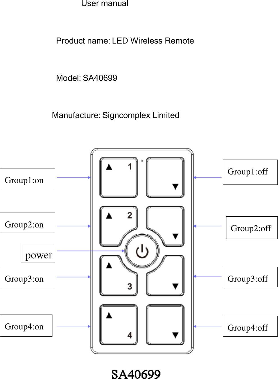 User manual                                      Product name: LED Wireless Remote                                      Model: SA40699                                    Manufacture: Signcomplex Limited      Group1:on Group2:on  powerr Group4:off  Group3:off  Group2:offn  Group1:off  Group3:on  Group4:on  