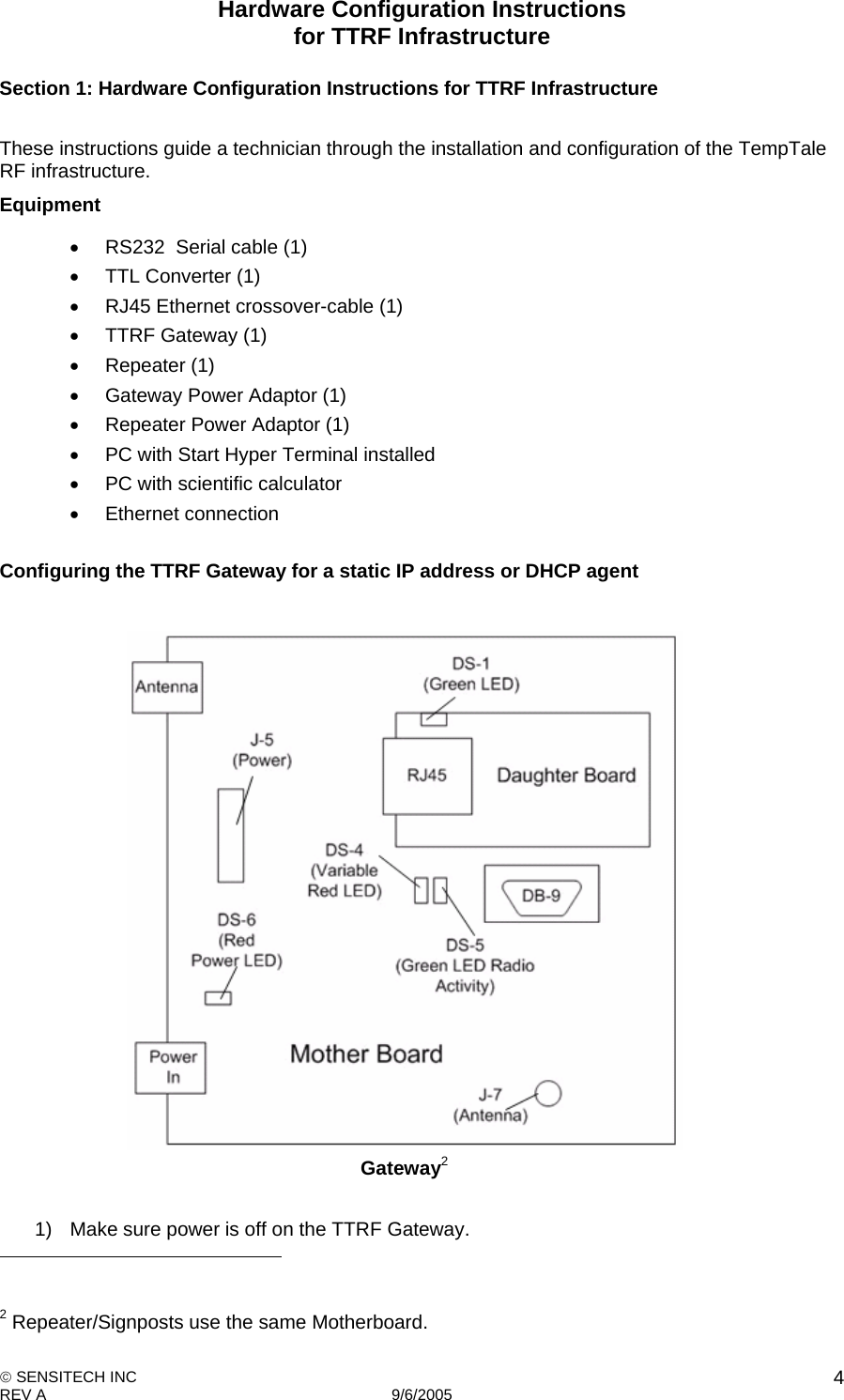 Hardware Configuration Instructions  for TTRF Infrastructure  SENSITECH INC REV A   9/6/2005    4Section 1: Hardware Configuration Instructions for TTRF Infrastructure  These instructions guide a technician through the installation and configuration of the TempTale RF infrastructure. Equipment   RS232  Serial cable (1)   TTL Converter (1)   RJ45 Ethernet crossover-cable (1)   TTRF Gateway (1)  Repeater (1)   Gateway Power Adaptor (1)   Repeater Power Adaptor (1)   PC with Start Hyper Terminal installed   PC with scientific calculator  Ethernet connection  Configuring the TTRF Gateway for a static IP address or DHCP agent   Gateway2  1)  Make sure power is off on the TTRF Gateway.                                                         2 Repeater/Signposts use the same Motherboard. 