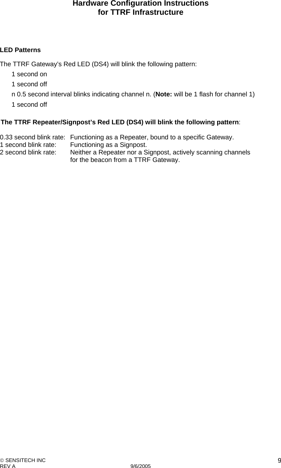 Hardware Configuration Instructions  for TTRF Infrastructure  SENSITECH INC REV A   9/6/2005    9  LED Patterns The TTRF Gateway’s Red LED (DS4) will blink the following pattern:   1 second on   1 second off   n 0.5 second interval blinks indicating channel n. (Note: will be 1 flash for channel 1)   1 second off         The TTRF Repeater/Signpost’s Red LED (DS4) will blink the following pattern:     0.33 second blink rate:  Functioning as a Repeater, bound to a specific Gateway.      1 second blink rate:  Functioning as a Signpost.   2 second blink rate:  Neither a Repeater nor a Signpost, actively scanning channels          for the beacon from a TTRF Gateway.
