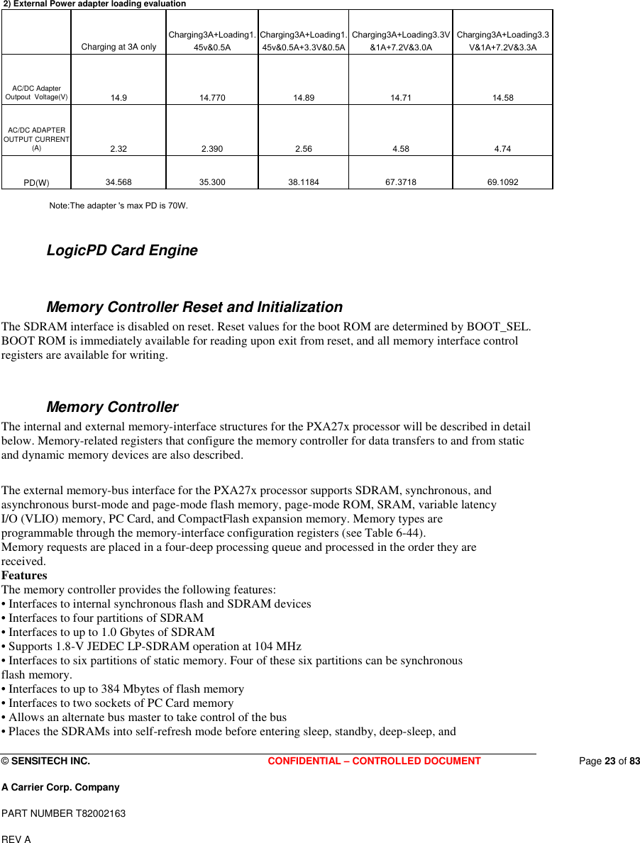  © SENSITECH INC. CONFIDENTIAL – CONTROLLED DOCUMENT   Page 23 of 83 A Carrier Corp. Company PART NUMBER T82002163 REV A  2) External Power adapter loading evaluation Charging at 3A onlyCharging3A+Loading1.45v&amp;0.5ACharging3A+Loading1.45v&amp;0.5A+3.3V&amp;0.5ACharging3A+Loading3.3V&amp;1A+7.2V&amp;3.0ACharging3A+Loading3.3V&amp;1A+7.2V&amp;3.3AAC/DC Adapter  Outpout  Voltage(V)14.9 14.770 14.89 14.71 14.58AC/DC ADAPTER OUTPUT CURRENT (A)2.32 2.390 2.56 4.58 4.74PD(W) 34.568 35.300 38.1184 67.3718 69.1092Note:The adapter &apos;s max PD is 70W.  LogicPD Card Engine  Memory Controller Reset and Initialization The SDRAM interface is disabled on reset. Reset values for the boot ROM are determined by BOOT_SEL. BOOT ROM is immediately available for reading upon exit from reset, and all memory interface control registers are available for writing.   Memory Controller The internal and external memory-interface structures for the PXA27x processor will be described in detail below. Memory-related registers that configure the memory controller for data transfers to and from static and dynamic memory devices are also described.  The external memory-bus interface for the PXA27x processor supports SDRAM, synchronous, and asynchronous burst-mode and page-mode flash memory, page-mode ROM, SRAM, variable latency I/O (VLIO) memory, PC Card, and CompactFlash expansion memory. Memory types are programmable through the memory-interface configuration registers (see Table 6-44). Memory requests are placed in a four-deep processing queue and processed in the order they are received. Features The memory controller provides the following features: • Interfaces to internal synchronous flash and SDRAM devices • Interfaces to four partitions of SDRAM • Interfaces to up to 1.0 Gbytes of SDRAM • Supports 1.8-V JEDEC LP-SDRAM operation at 104 MHz • Interfaces to six partitions of static memory. Four of these six partitions can be synchronous flash memory. • Interfaces to up to 384 Mbytes of flash memory • Interfaces to two sockets of PC Card memory • Allows an alternate bus master to take control of the bus • Places the SDRAMs into self-refresh mode before entering sleep, standby, deep-sleep, and 