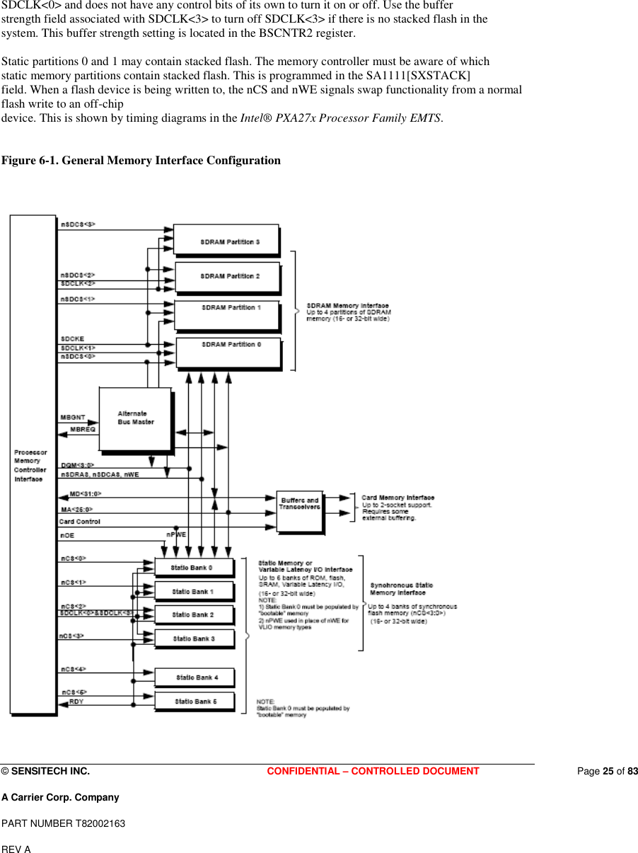  © SENSITECH INC. CONFIDENTIAL – CONTROLLED DOCUMENT   Page 25 of 83 A Carrier Corp. Company PART NUMBER T82002163 REV A  SDCLK&lt;0&gt; and does not have any control bits of its own to turn it on or off. Use the buffer strength field associated with SDCLK&lt;3&gt; to turn off SDCLK&lt;3&gt; if there is no stacked flash in the system. This buffer strength setting is located in the BSCNTR2 register.   Static partitions 0 and 1 may contain stacked flash. The memory controller must be aware of which static memory partitions contain stacked flash. This is programmed in the SA1111[SXSTACK] field. When a flash device is being written to, the nCS and nWE signals swap functionality from a normal flash write to an off-chip device. This is shown by timing diagrams in the Intel® PXA27x Processor Family EMTS.   Figure 6-1. General Memory Interface Configuration     