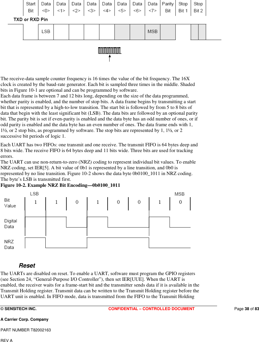  © SENSITECH INC. CONFIDENTIAL – CONTROLLED DOCUMENT   Page 38 of 83 A Carrier Corp. Company PART NUMBER T82002163 REV A      The receive-data sample counter frequency is 16 times the value of the bit frequency. The 16X clock is created by the baud-rate generator. Each bit is sampled three times in the middle. Shaded bits in Figure 10-1 are optional and can be programmed by software. Each data frame is between 7 and 12 bits long, depending on the size of the data programmed, whether parity is enabled, and the number of stop bits. A data frame begins by transmitting a start bit that is represented by a high-to-low transition. The start bit is followed by from 5 to 8 bits of data that begin with the least significant bit (LSB). The data bits are followed by an optional parity bit. The parity bit is set if even-parity is enabled and the data byte has an odd number of ones, or if odd parity is enabled and the data byte has an even number of ones. The data frame ends with 1, 1½, or 2 stop bits, as programmed by software. The stop bits are represented by 1, 1½, or 2 successive bit periods of logic 1. Each UART has two FIFOs: one transmit and one receive. The transmit FIFO is 64 bytes deep and 8 bits wide. The receive FIFO is 64 bytes deep and 11 bits wide. Three bits are used for tracking errors. The UART can use non-return-to-zero (NRZ) coding to represent individual bit values. To enable NRZ coding, set IER[5]. A bit value of 0b1 is represented by a line transition, and 0b0 is represented by no line transition. Figure 10-2 shows the data byte 0b0100_1011 in NRZ coding. The byte’s LSB is transmitted first. Figure 10-2. Example NRZ Bit Encoding—0b0100_1011  Reset The UARTs are disabled on reset. To enable a UART, software must program the GPIO registers (see Section 24, “General-Purpose I/O Controller”), then set IER[UUE]. When the UART is enabled, the receiver waits for a frame-start bit and the transmitter sends data if it is available in the Transmit Holding register. Transmit data can be written to the Transmit Holding register before the UART unit is enabled. In FIFO mode, data is transmitted from the FIFO to the Transmit Holding 