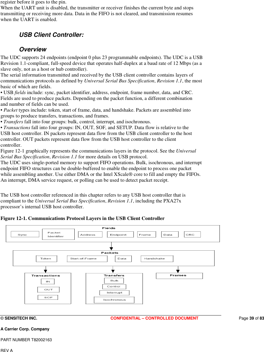  © SENSITECH INC. CONFIDENTIAL – CONTROLLED DOCUMENT   Page 39 of 83 A Carrier Corp. Company PART NUMBER T82002163 REV A  register before it goes to the pin. When the UART unit is disabled, the transmitter or receiver finishes the current byte and stops transmitting or receiving more data. Data in the FIFO is not cleared, and transmission resumes when the UART is enabled. USB Client Controller: Overview The UDC supports 24 endpoints (endpoint 0 plus 23 programmable endpoints). The UDC is a USB Revision 1.1-compliant, full-speed device that operates half-duplex at a baud rate of 12 Mbps (as a slave only, not as a host or hub controller). The serial information transmitted and received by the USB client controller contains layers of communications protocols as defined by Universal Serial Bus Specification, Revision 1.1, the most basic of which are fields. • USB fields include: sync, packet identifier, address, endpoint, frame number, data, and CRC. Fields are used to produce packets. Depending on the packet function, a different combination and number of fields can be used. • Packet types include: token, start of frame, data, and handshake. Packets are assembled into groups to produce transfers, transactions, and frames. • Transfers fall into four groups: bulk, control, interrupt, and isochronous. • Transactions fall into four groups: IN, OUT, SOF, and SETUP. Data flow is relative to the USB host controller. IN packets represent data flow from the USB client controller to the host controller. OUT packets represent data flow from the USB host controller to the client controller. Figure 12-1 graphically represents the communications layers in the protocol. See the Universal Serial Bus Specification, Revision 1.1 for more details on USB protocol. The UDC uses single-ported memory to support FIFO operations. Bulk, isochronous, and interrupt endpoint FIFO structures can be double-buffered to enable the endpoint to process one packet while assembling another. Use either DMA or the Intel XScale® core to fill and empty the FIFOs. An interrupt, DMA service request, or polling can be used to detect packet receipt.  The USB host controller referenced in this chapter refers to any USB host controller that is compliant to the Universal Serial Bus Specification, Revision 1.1, including the PXA27x processor’s internal USB host controller.  Figure 12-1. Communications Protocol Layers in the USB Client Controller  